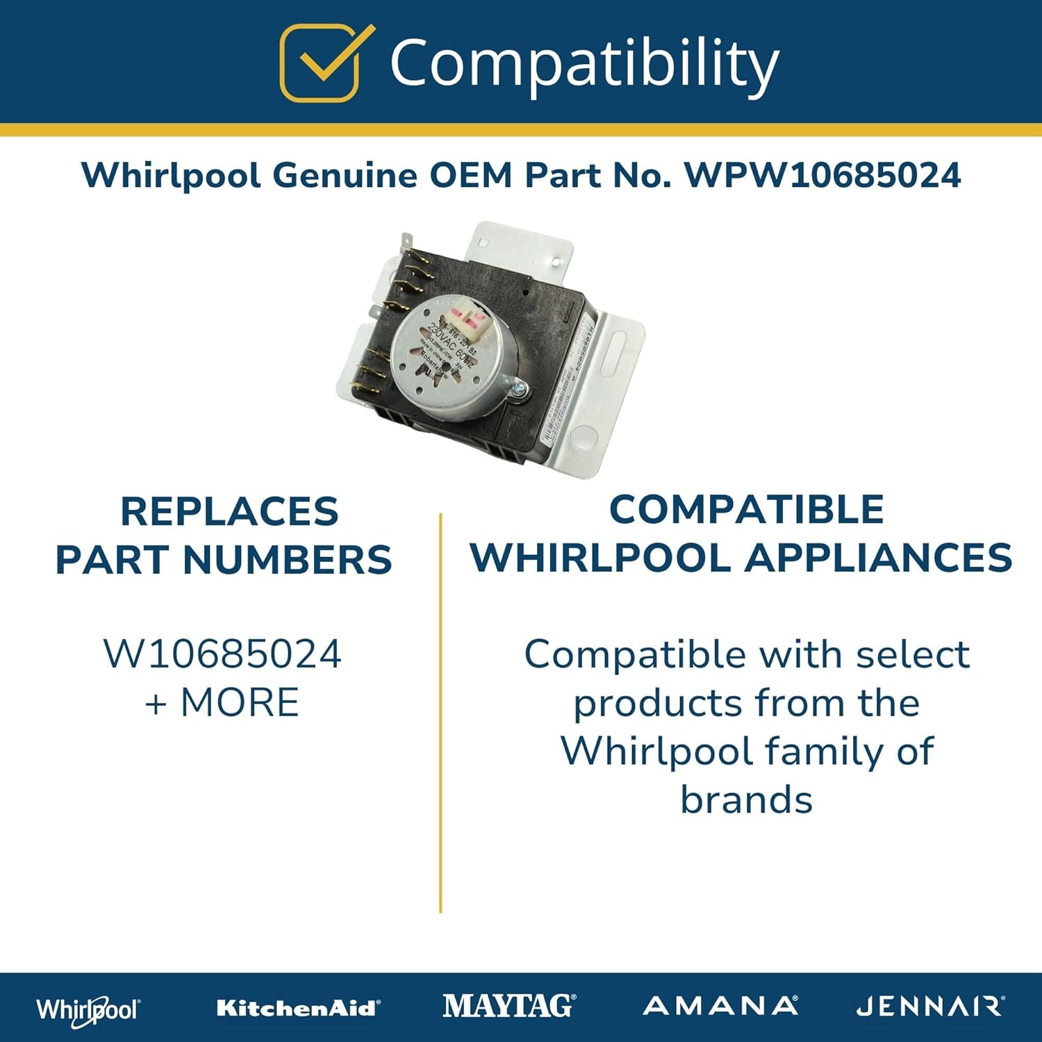 Whirlpool WPW10685024 Genuine OEM Dryer Timer Replacement Part - Replaces W10685024