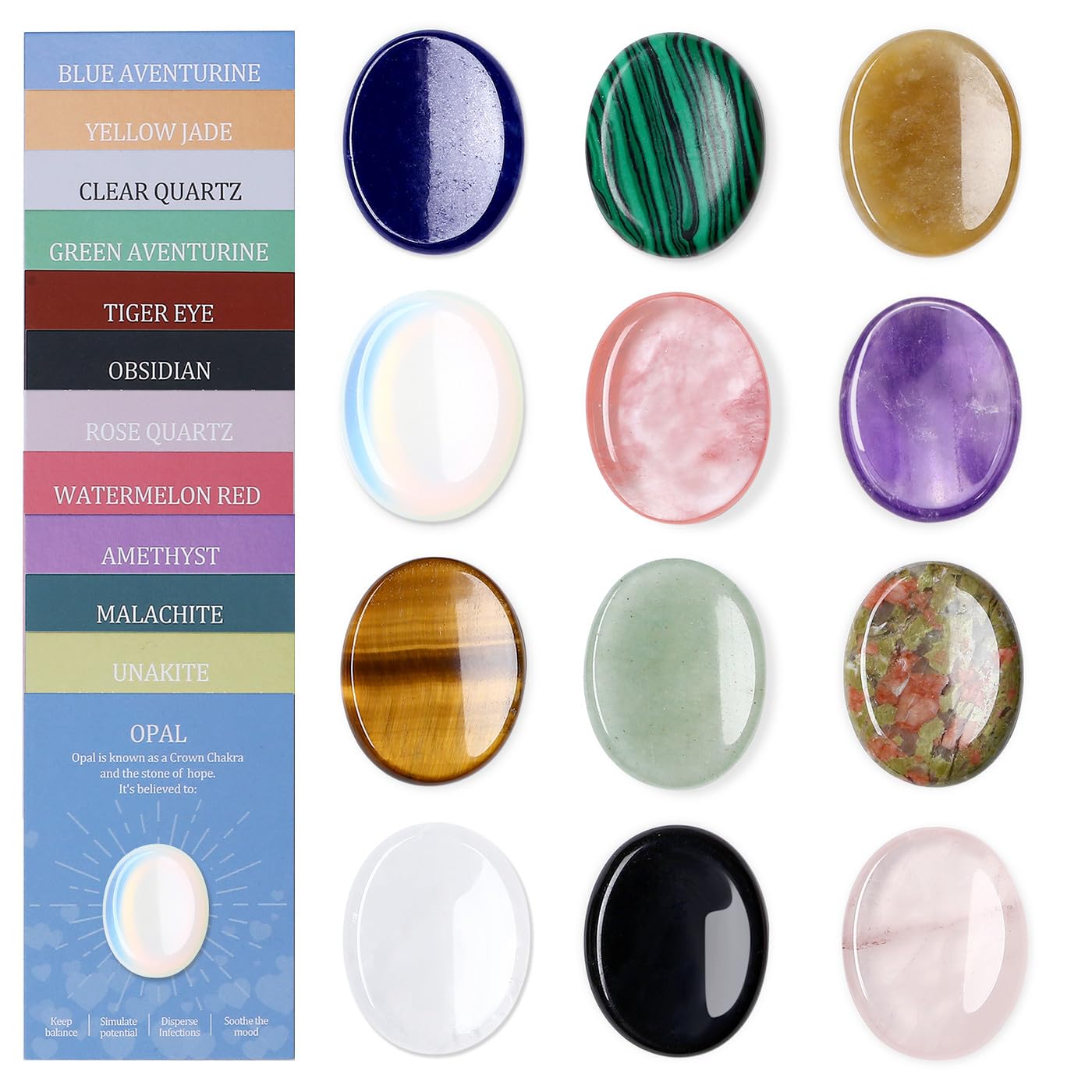 DUQGUHO Worry Stones for Anxiety, Meditation Reiki Relax Thumb Worry Stones, Crystals and Healing Stones Bulk 12PCS, Stress Relief Gifts for Women 12 Colors - Worry Stone