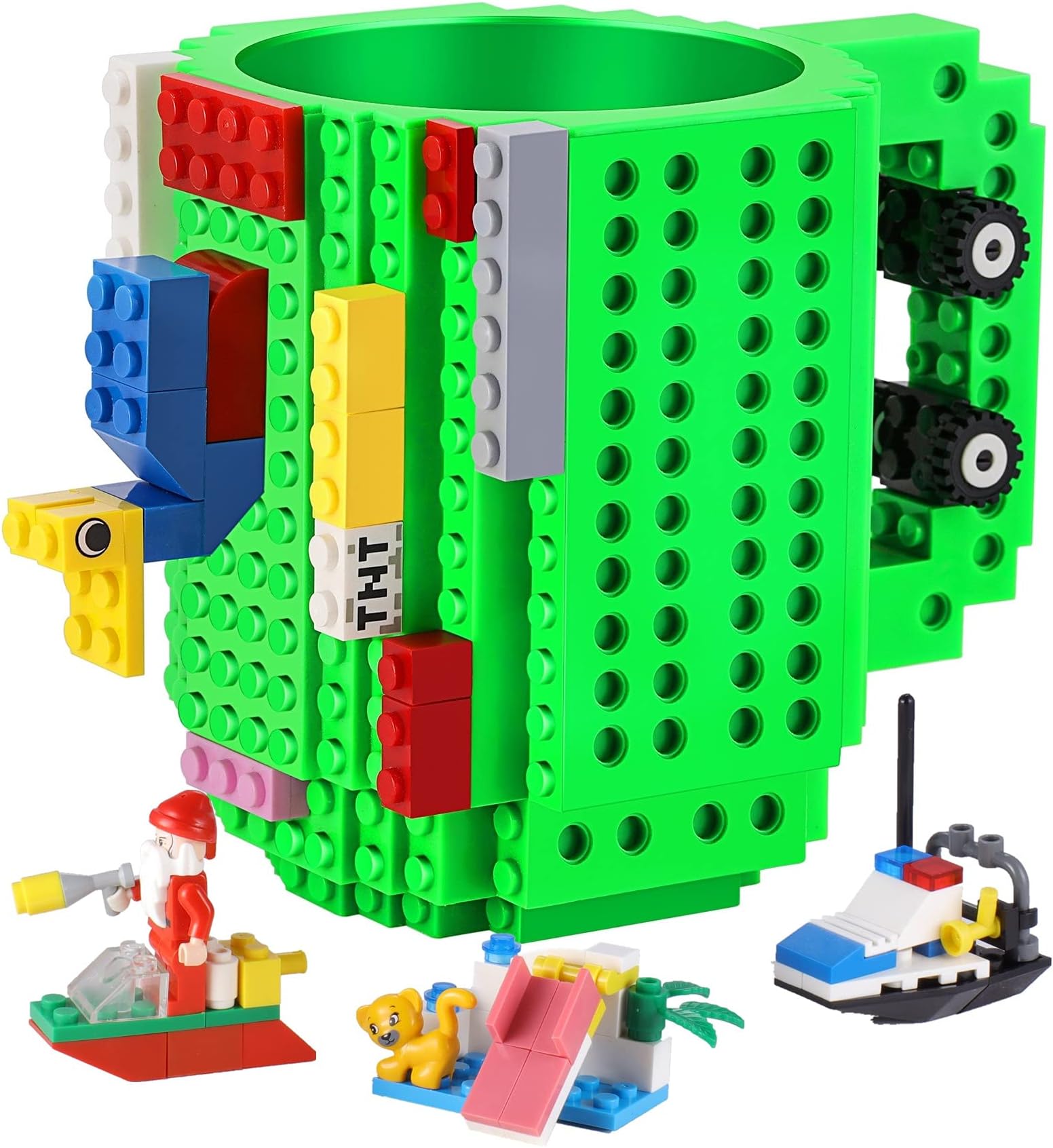 Build-on Brick Coffee Mugs,Creative DIY Cup with Building Blocks Randomly,Novelty Gifts for Kids Adults Birthday Xmas,Green