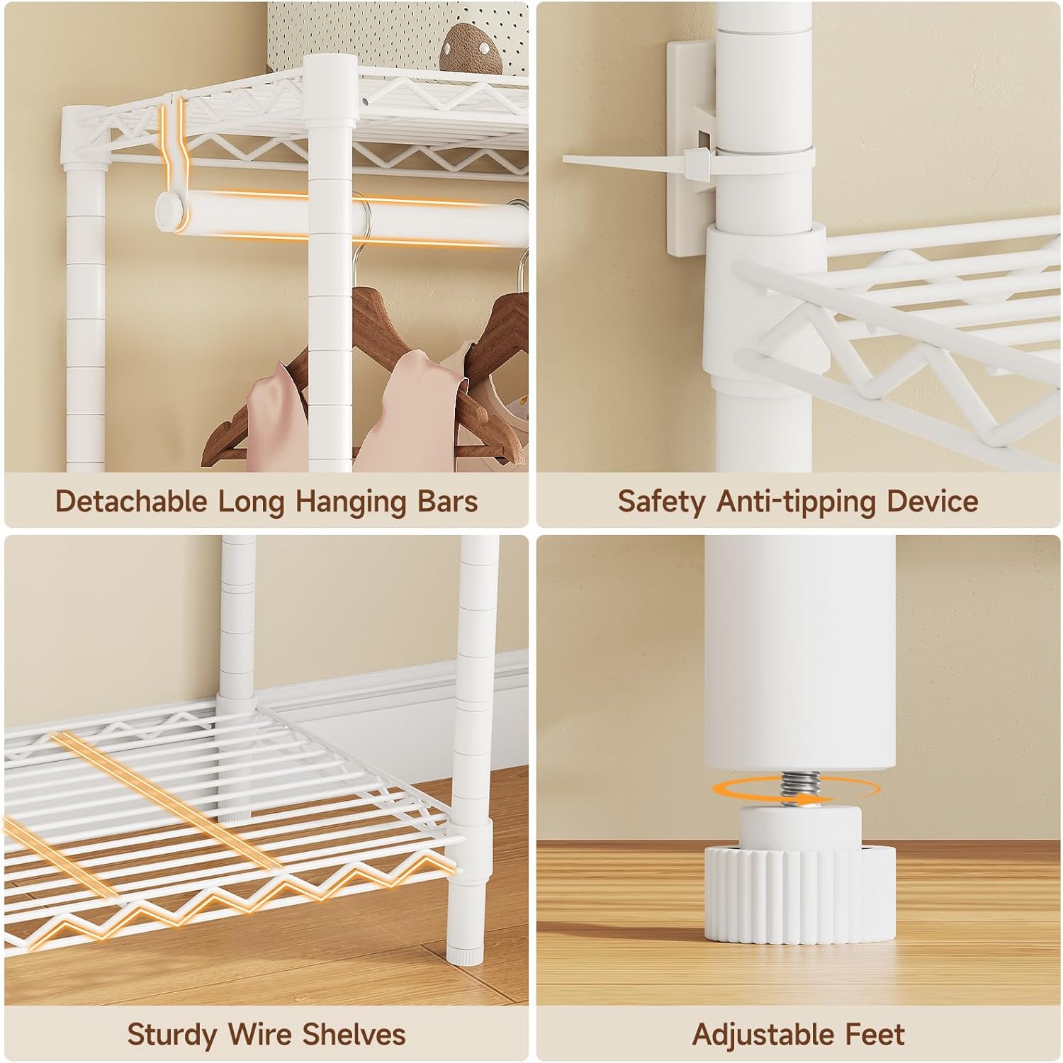 ONBRILL F6 Free Standing Industrial Pipe Clothes Rack, Large Heavy Duty Metal Garment Rack, Closet Organizer Storage System with Adjustable Shelves & Hanging Rods, Portable Wardrobe - White