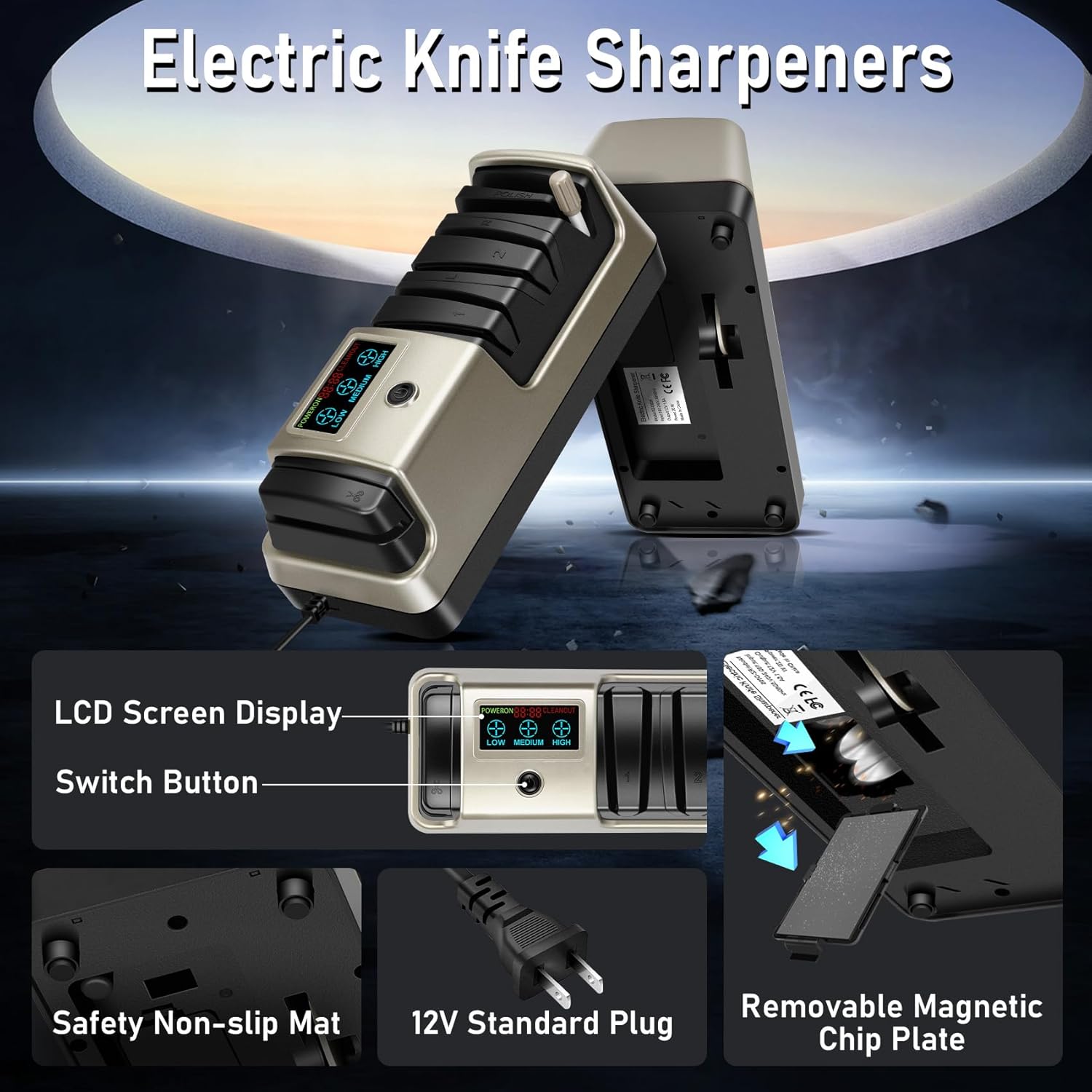 5 in 1 Electric Knife Sharpener for Kitchen Knives, 3 Adjustable Speed, 100% Diamond knife sharpener for Straight, Scissors, Serrated & Ceramic Knives, Light Blonde