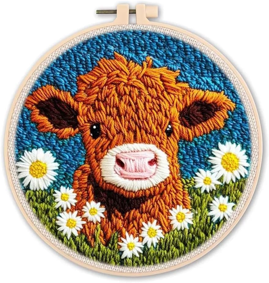 Poboton Cute Highland Cow with Daisy Flower Punch Needle Kit, Complete Embroidery Starter Set for Beginners Adults & Kids, Includes 20x20cm Hoop, Yarn, Tools, Instructions & Wooden Display Stand
