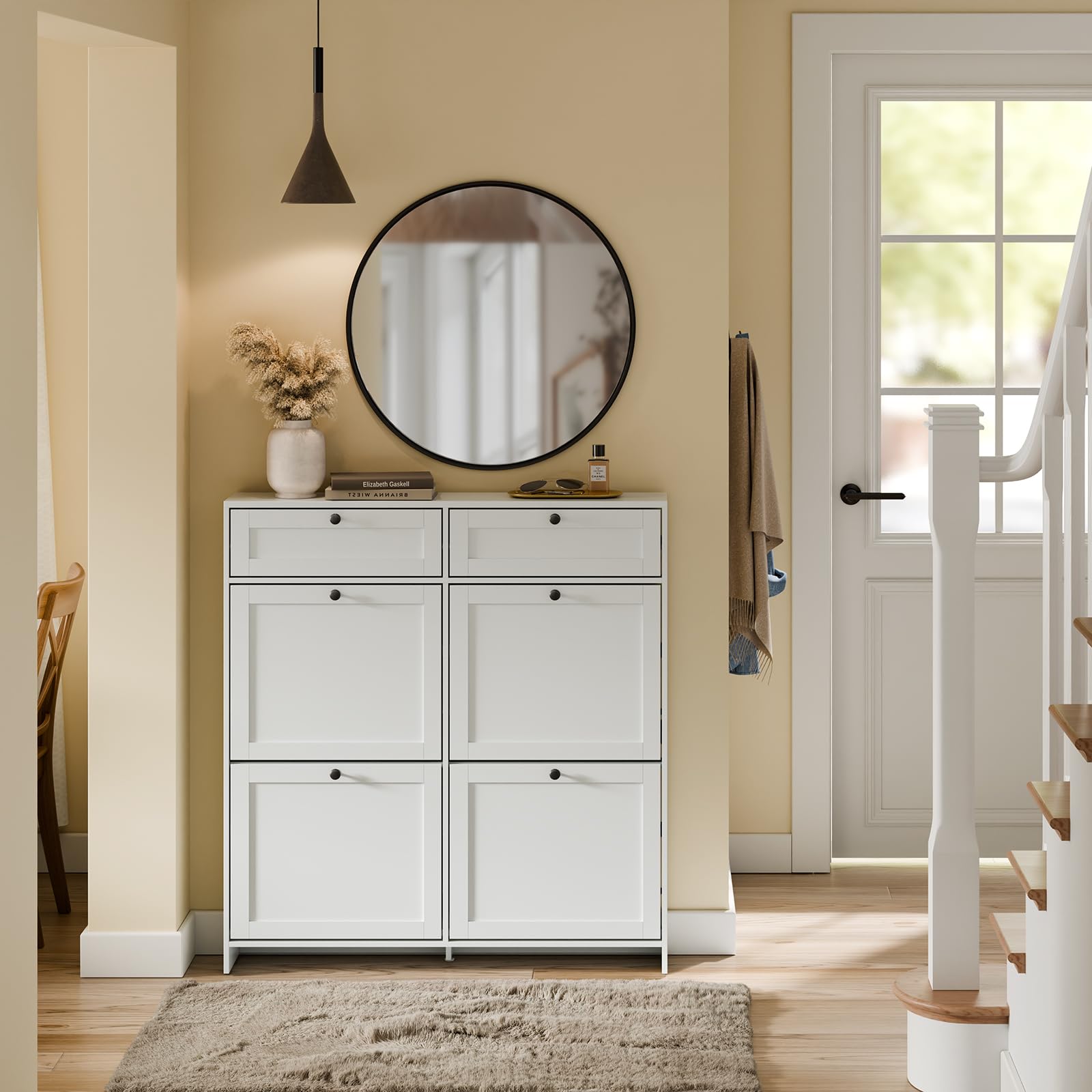SoBuy Scarpiera Salvaspazio Slim, Scarpiera In Legno Bianco, Mobile Ingresso con 4 Ante a Ribalta e 2 Cassetti, a 12 Paia di Scarpe, Con Protezione Antiribaltamento, 100x19x107cm FSR208-W