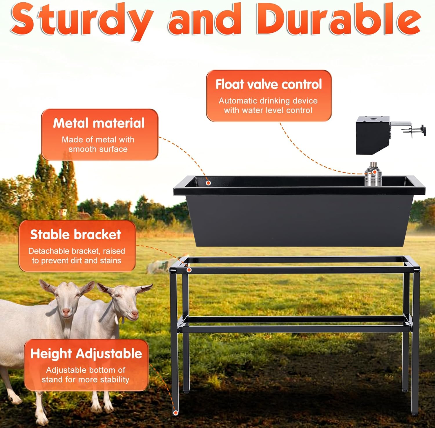 Livestock Water Trough with Float Valve Kit, 2 Pack Stainless Steel Water Trough, Large Capacity Sheep Feeder Trough Feeding up to 10 Goats for Horse Sheep Hog Farm