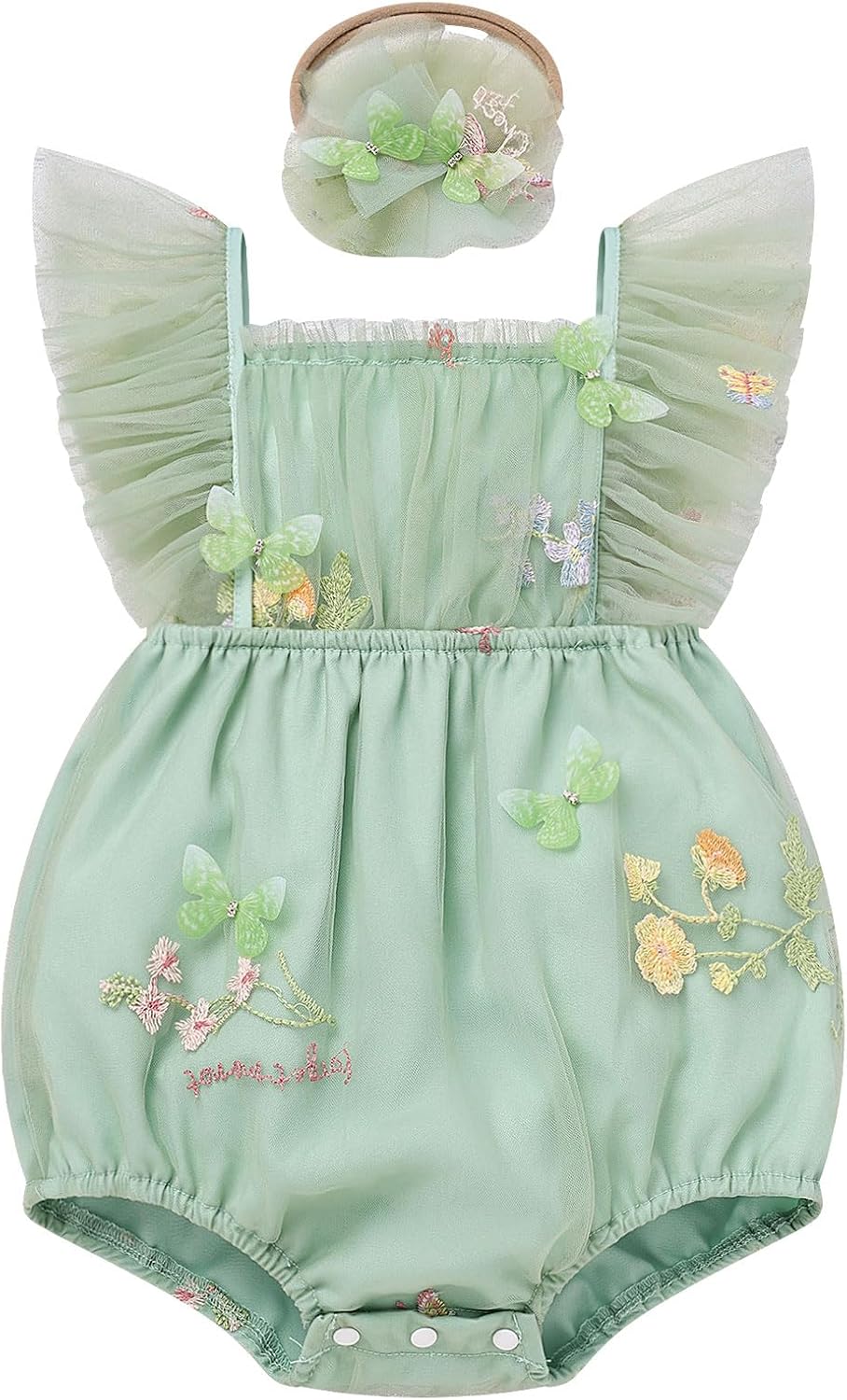 ODASDO Baby Girls Fairy Romper Newborn Infant Butterfly Wings Bubble Bodysuit Floral Embroidery One-piece Playsuit