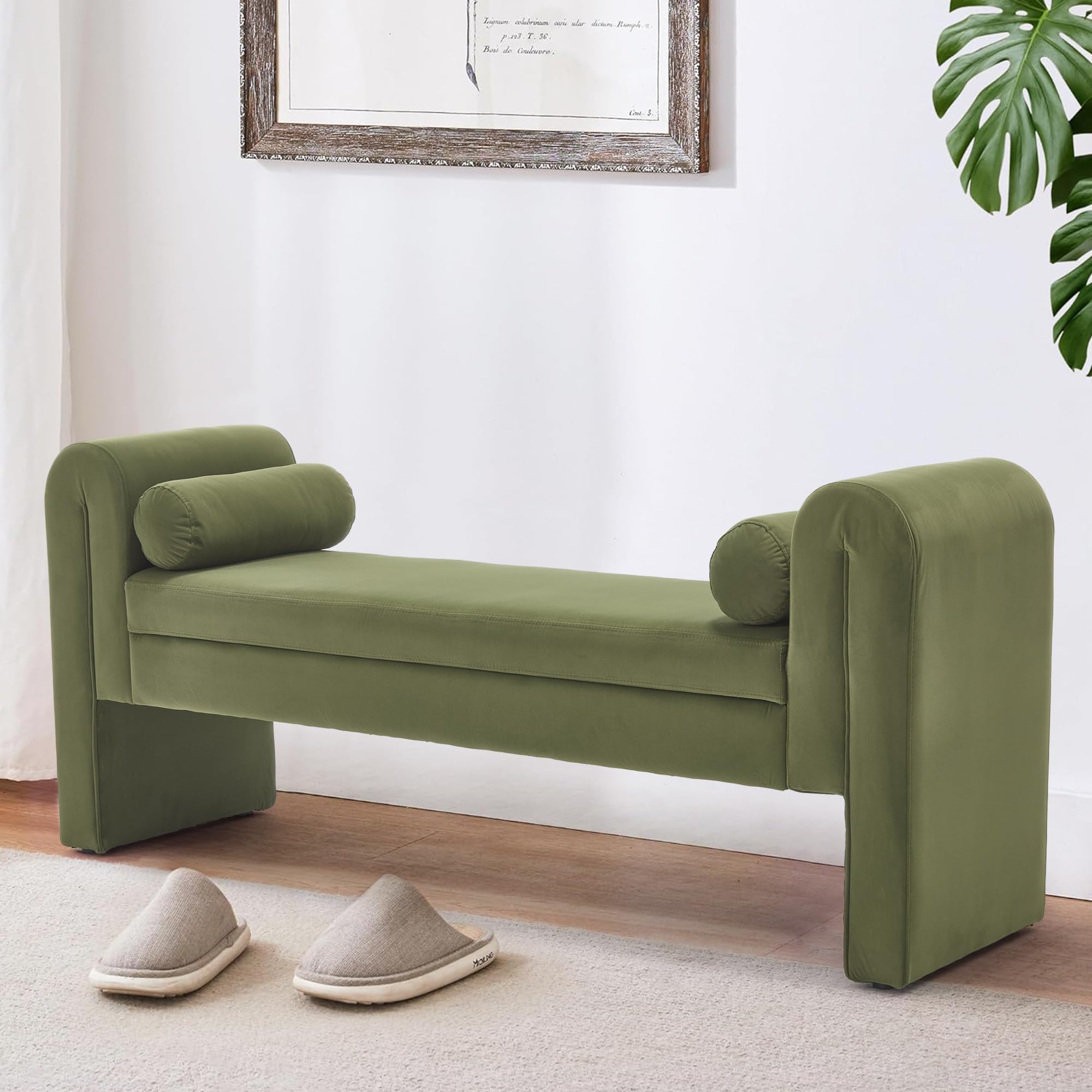 Hdxdkog Storage Bench for Bedroom End of Bed, Velvet Upholstered Rolled Armed Button Tufted Sofa Stool Bench, Storage Ottoman Couch Long Bench with Solid Wood Legs (): Green-60.5 Inch