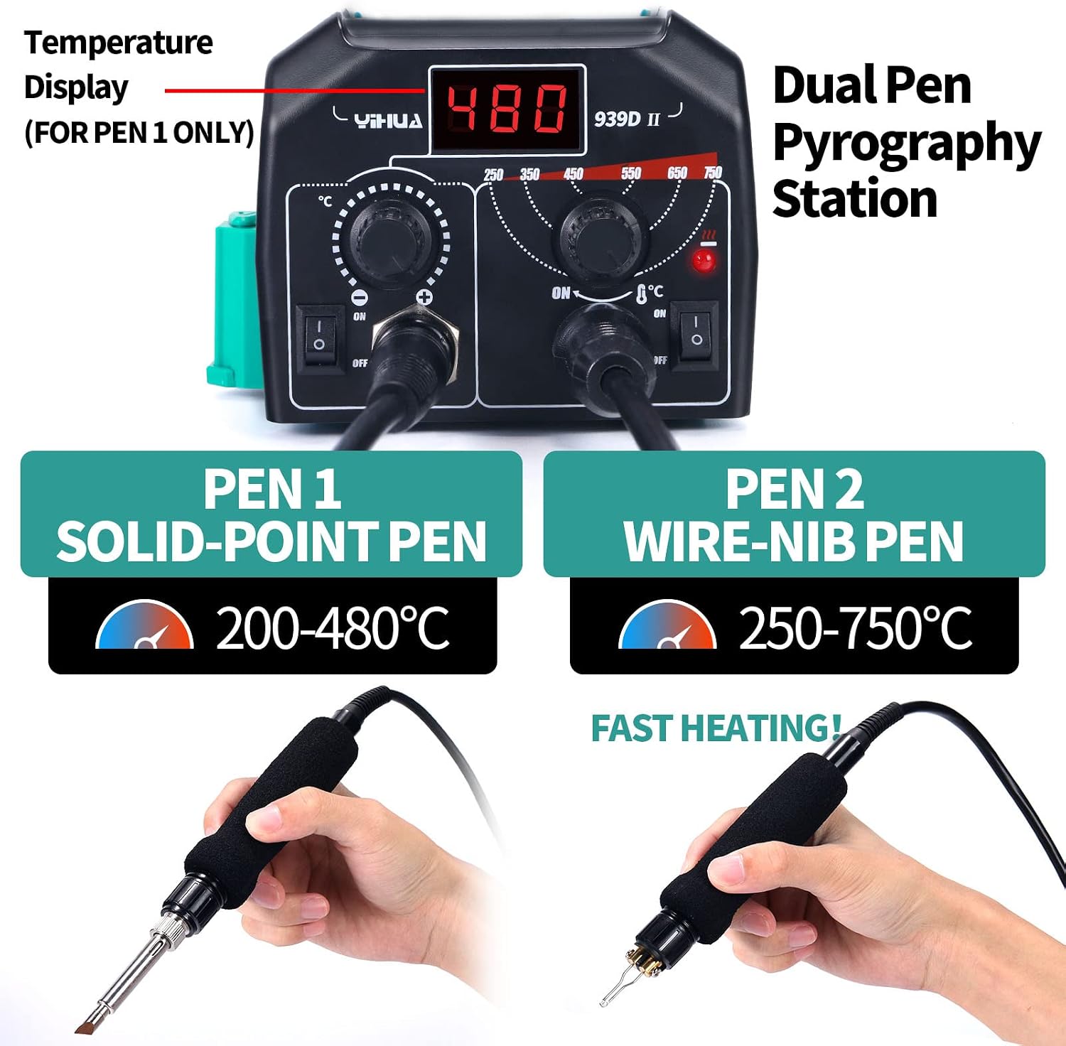 YIHUA 939D-II Pyrography Pen Wood Burning Kit Station (Green) 2-in-1 Solid-Point 200~480°C (with Temp Display)/Wire-Nib 250~750°C Bundle with YIHUA Solid-Point Pen Tip Converter Set 5PCS