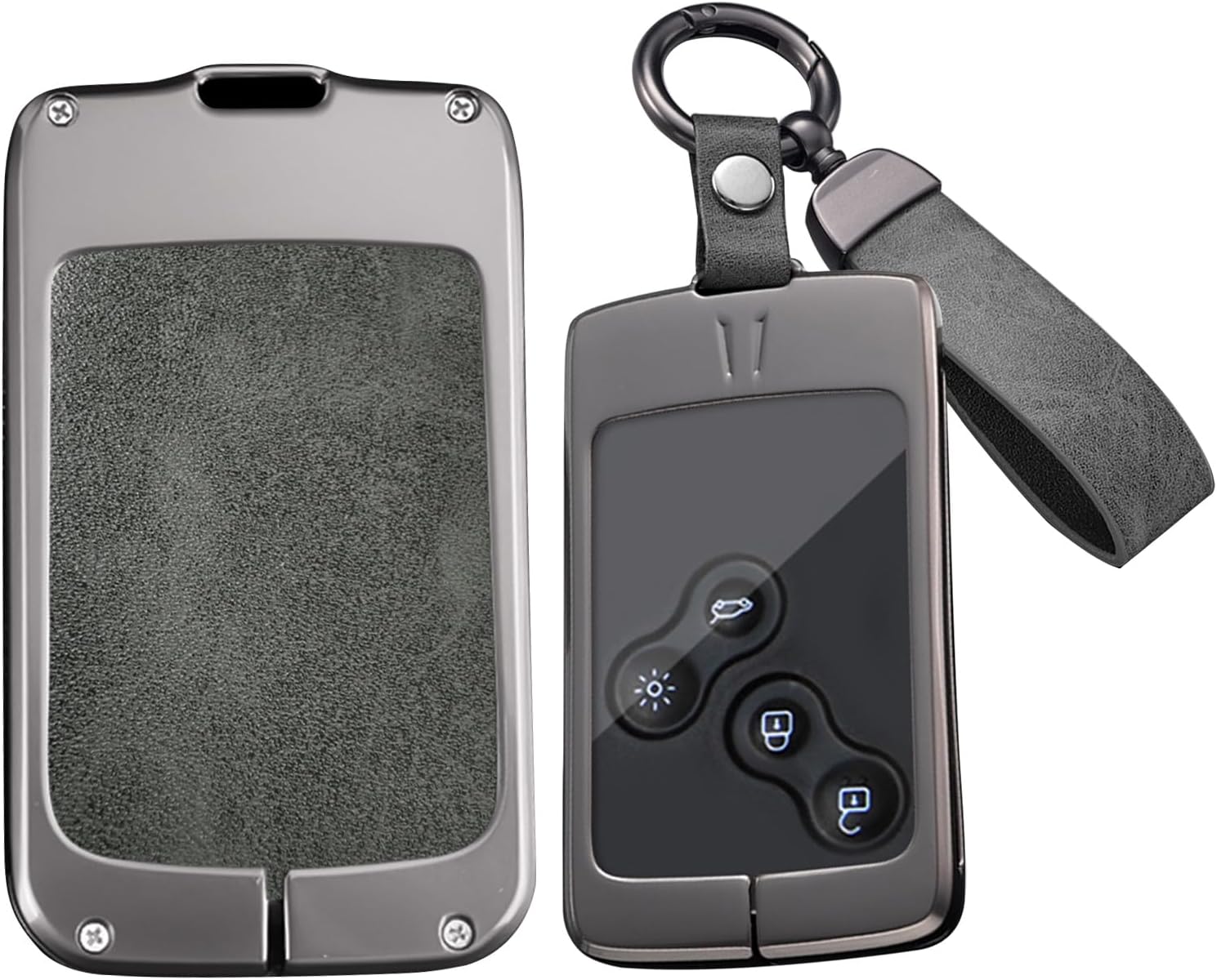 HIBEYO Key Fob Cover Compatible with Renault Clio Logan Megane Scenic Fluence Laguna Accessories Alloy Leather Key Shell Smart Remote Auto Key with Keychains-Long Keychian Gray