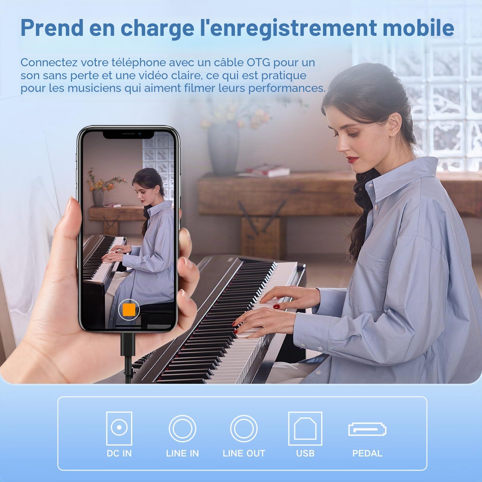 TERENCE Piano Numérique 88 Touches Clavier Graded-Hammer 50W Haut-parleurs HiFi Doubles Enregistrement Vidéo Mobile Bluetooth MIDI Prise en Charge des Casques et des Haut-parleurs