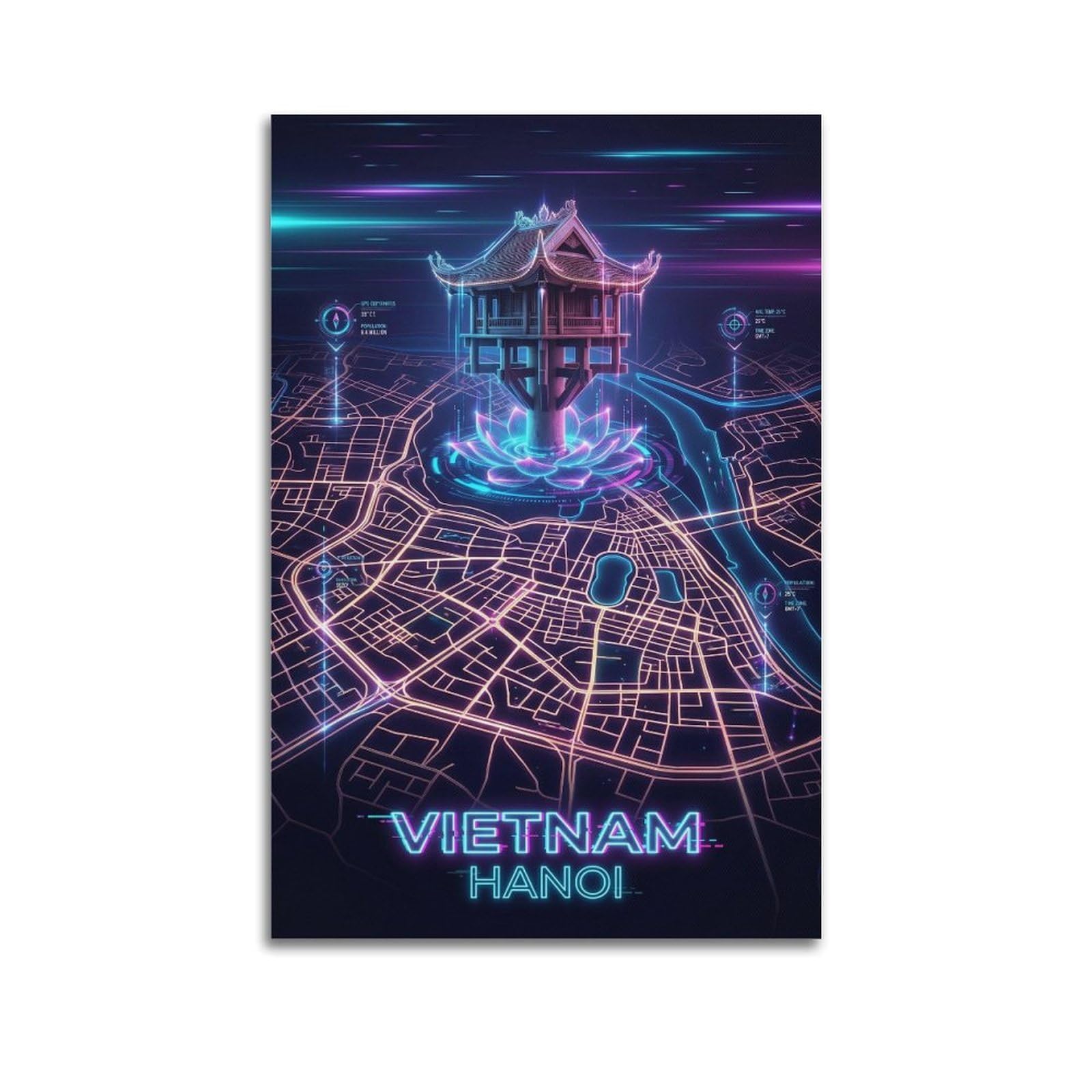 XKUGA Cyberpunk Style City Map Poster Vietnam Hanoi Modern Decorative Canvas Prints - Ideal Wall Art for Family, Man Cave, Game Room, Boys & Girls Bedroom 24x36inch(60x90cm)