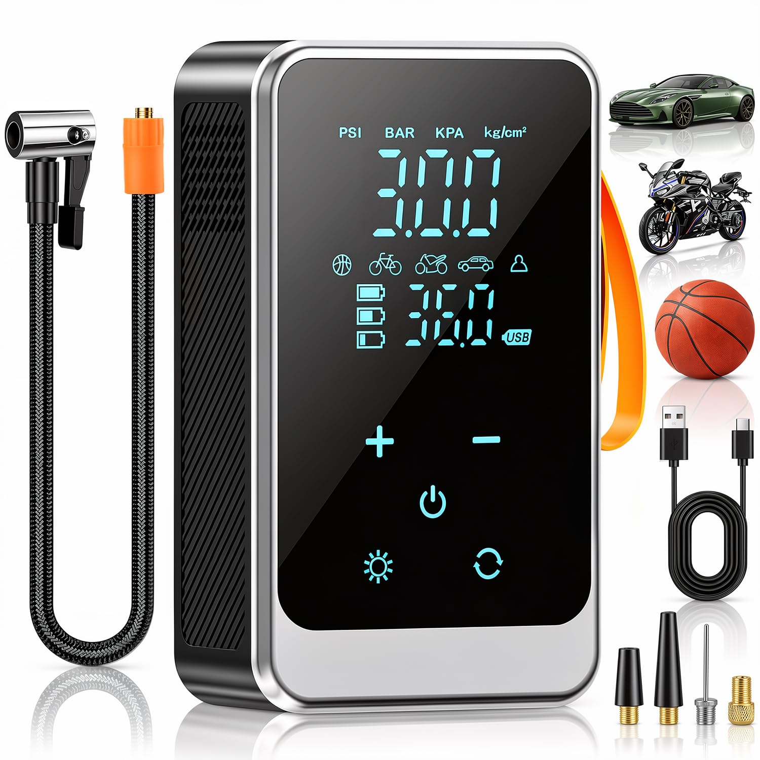 Pruk Compressore d'aria portatile senza fili, 150 psi, pompa digitale per pneumatici con batteria da 6000 mAh, luce di emergenza a LED, spegnimento automatico, pompa ad aria per auto, moto, bici