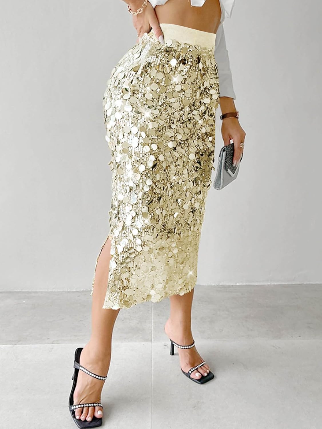 Women's Sequin Skirt, A Line Women's High Waist Stretchy Shiny Sequin Bodycon Long Skirt for Evening Party