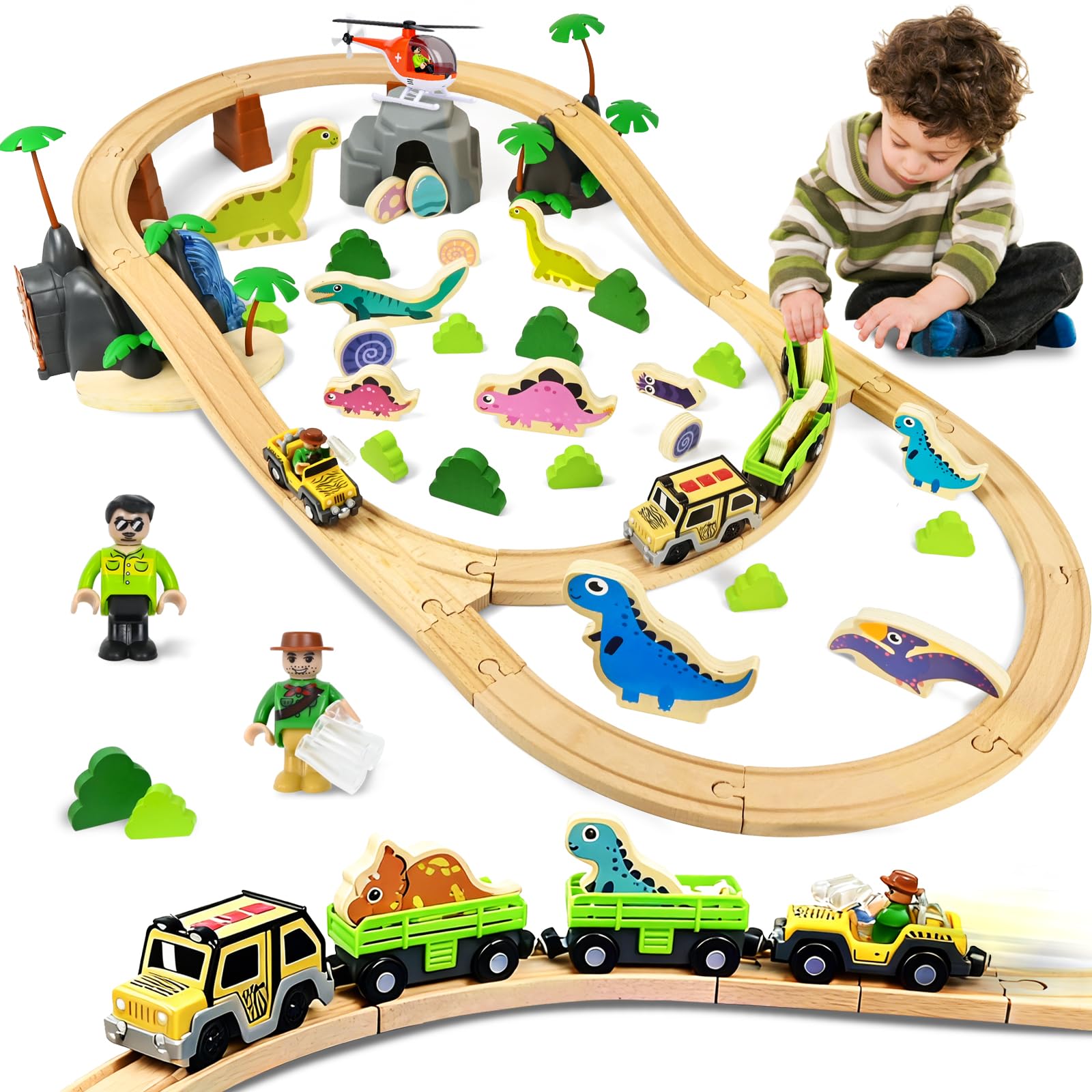 Joellfuner 80 Pièces Ensemble de Trains en Bois, Jouet de Dinosaure Train avec Trains Touristique et Accessoires pour Dinosaures, Circuit Train en Bois Enfant Compatible avec Thomas, Brio et Hape