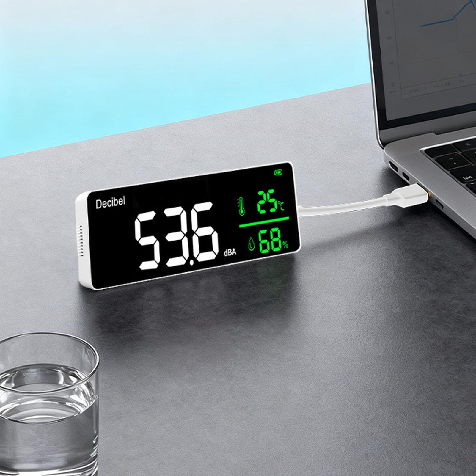 Medidor de nivel de sonido de alta precisión para colgar en la pared, 30-130 dB, pantalla LED de 11 pulgadas, medidor de temperatura de ruido y humedad para aulas, obras