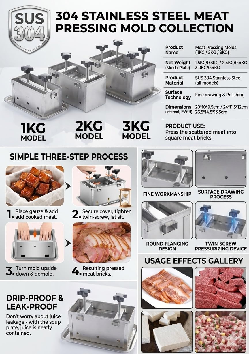 Robuste Fleischpresse für hausgemachten Schinken, Delikatfleisch, Tofu und Käse mit Abtropfschale, Edelstahl-Küchenform