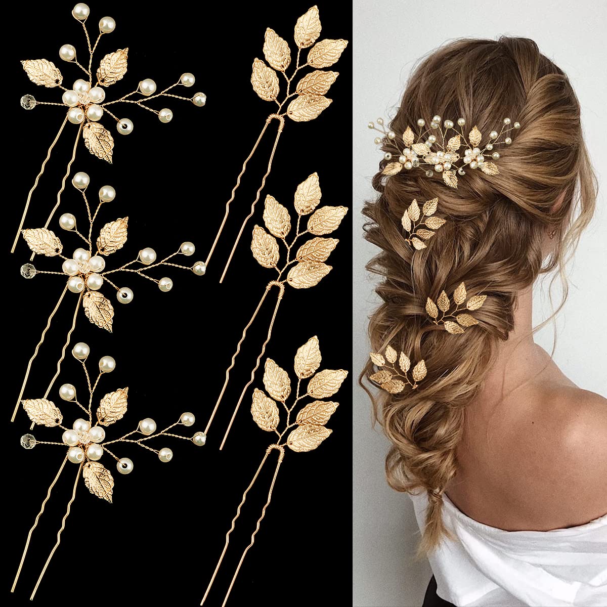 6 horquillas para el pelo de boda para novia, hoja dorada, perlas de cristal, pinzas para el cabello, accesorios vintage para el cabello, joyería