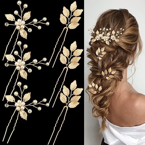 6 horquillas para el pelo de boda para novia, hoja dorada, perlas de cristal, pinzas para el cabello, accesorios vintage para el cabello, joyería