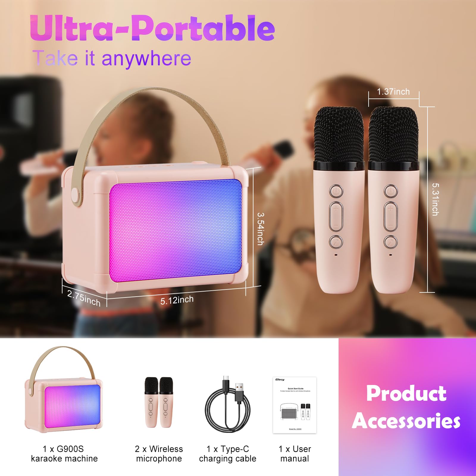 Karaoke 2 Microfonos Inalambricos,Altavoz Karaoke Bluetooth para Infantil y Adultos para Regalos con USB/Tarjeta TF/AUX Fiesta Familiar en Casa(Rosa), G900S-02