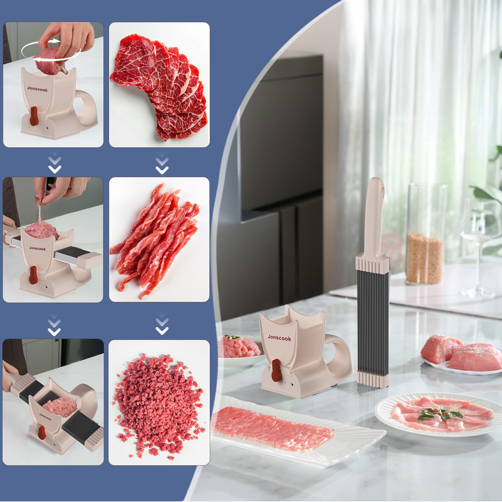 Frischfleischschneider, manueller Fleischschneider für frisches, rohes Fleisch, einstellbare Schnittstärke von 2 mm oder 4 mm, 17 Klingen für 18 Scheiben (Handstützpulver)