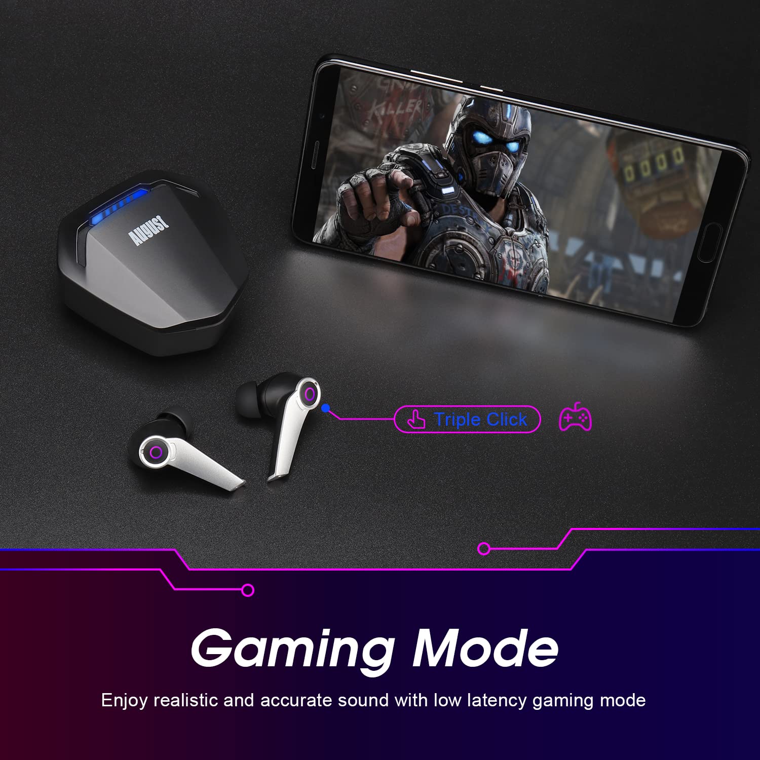 August EPG500B Słuchawki douszne do gier Bluetooth 5.0 True Wireless - podwójny mikrofon, niskie opóźnienie, etui do ładowania USB-C, wodoodporność IPX4, dotykowe, 40 godzin pracy baterii
