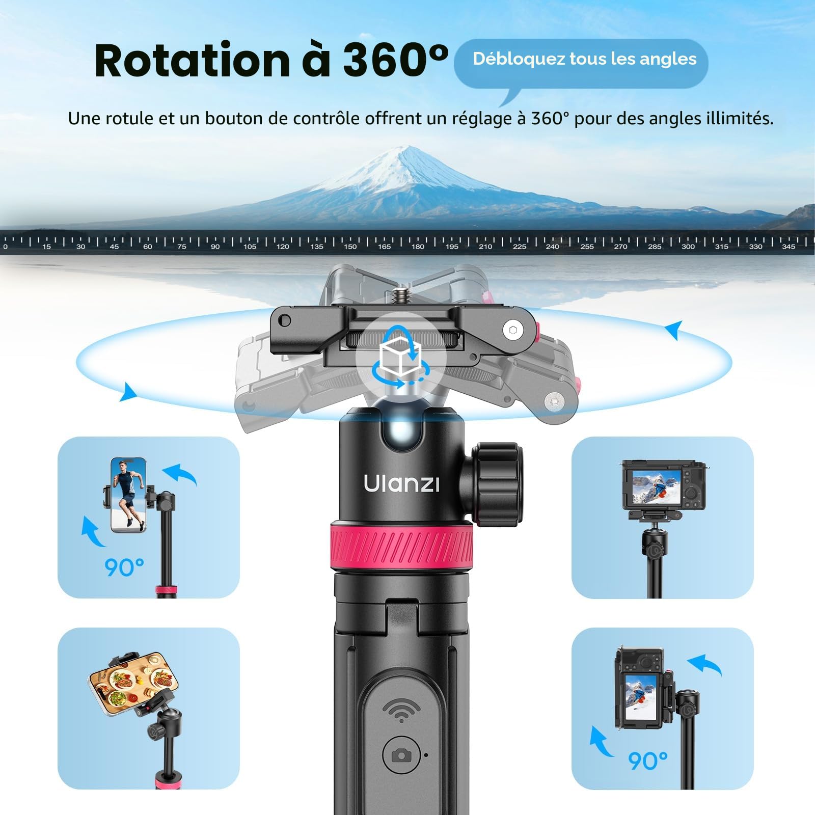 ULANZI MT-44 B Trépied Quadruple Double Support à Ouverture Automatique, Perche à Selfie 150cm avec Télécommande, Rotule 360°, Filetage 1/4", Compatible avec iPhone Samsung Caméra DSLR