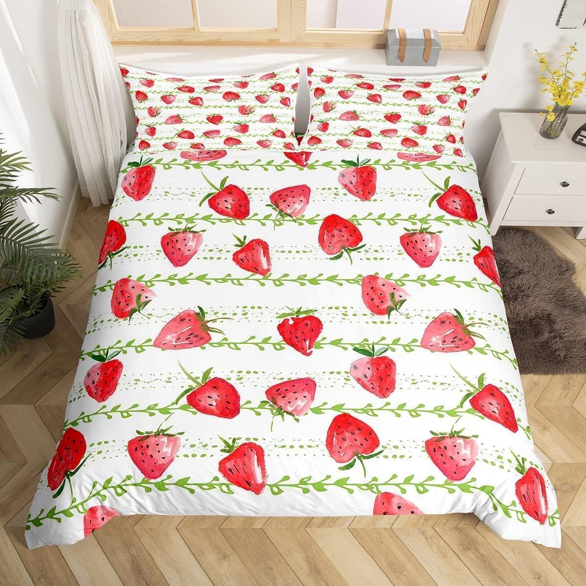 Housse de couette 200x200 fraise en microfibre avec ses taies d'oreiller