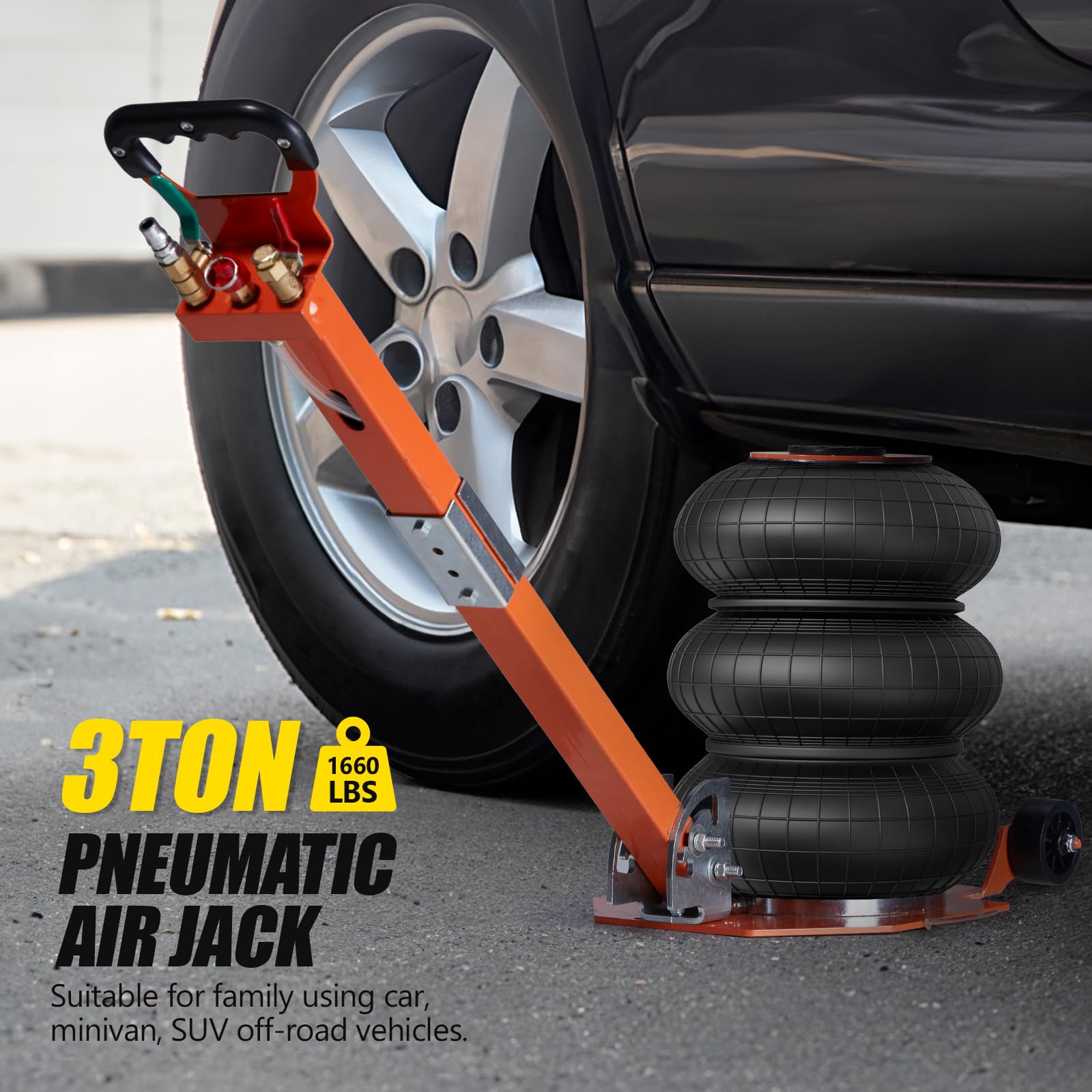 Bonnlo Cric Pneumatique 3 Tonnes, Cric de Levage Plage 135-400 mm avec Poignée, Levage Rapide pour Voiture, SUV, Atelier et Garage (Orange)