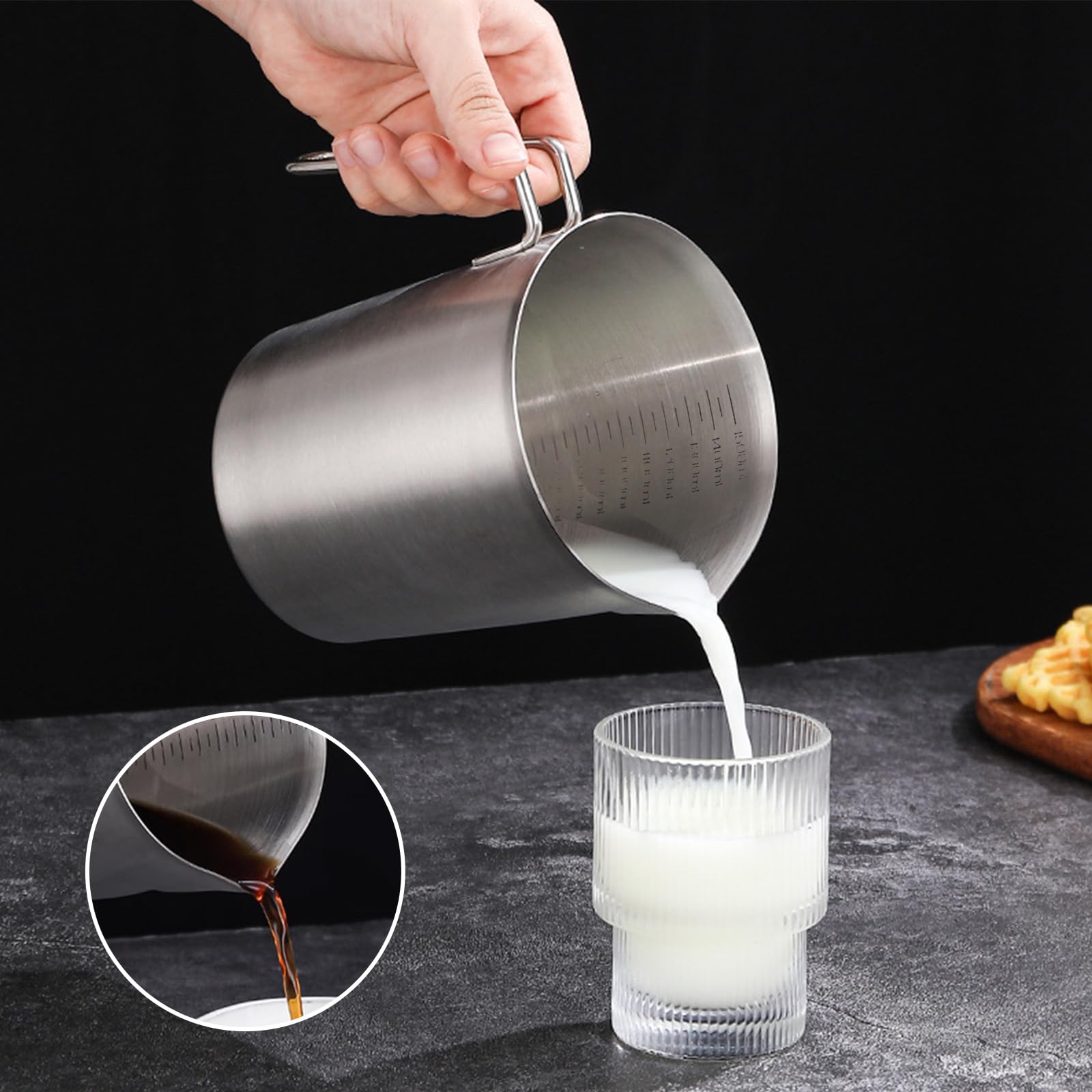 GOMETY Misurino in acciaio inox 1500 ml, 304, misurino con manico e scala, lavabile in lavastoviglie, in acciaio inox, robusto misurino da 1,5 l, per cucina, cottura, latte, liquidi