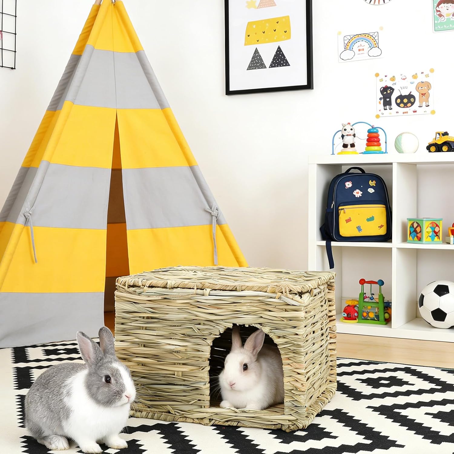 2 Pack 12"×8.5"×8" Large Grass Bunny House - Foldable Rabbit Hut with Hay Mat Chew Toy, Play Hideaway Bed for Rabbits, Guinea Pigs, Hamsters & Small Animals