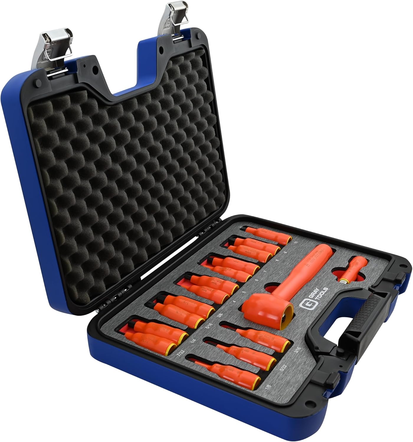 16 Piece Insulated Hex Bit Socket and Attachment Set, 3/8" Drive, Made in USA, SAE & Metric, Dual-Color Foam Organizer, Storage Case, 1000 V Electrical Tools