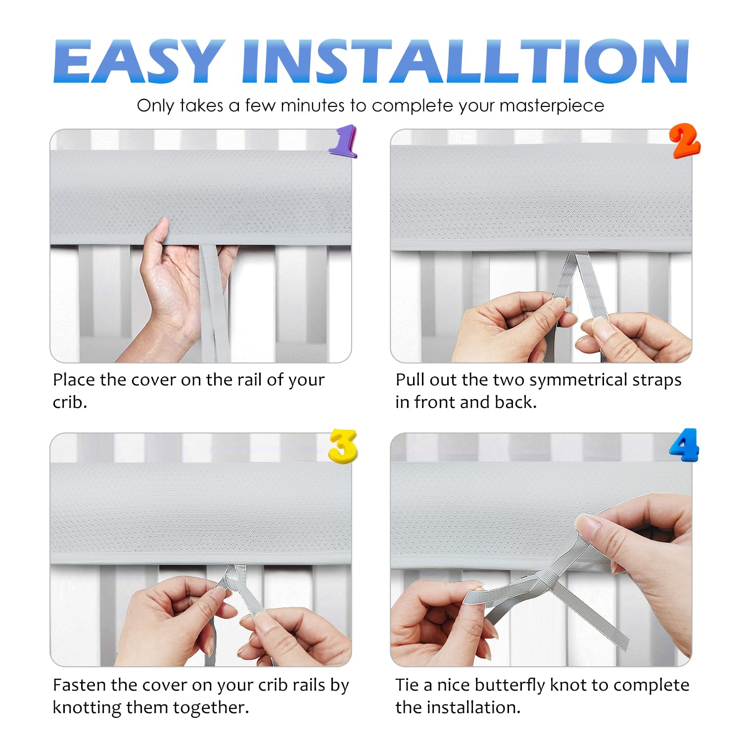 MZRON 4Pc Crib Rail Covers Sets,Rail Guard for TeethingSoft Anti-Collision Strip Corner Cover, Suits for Most Standard Bed (4pc-Gray)