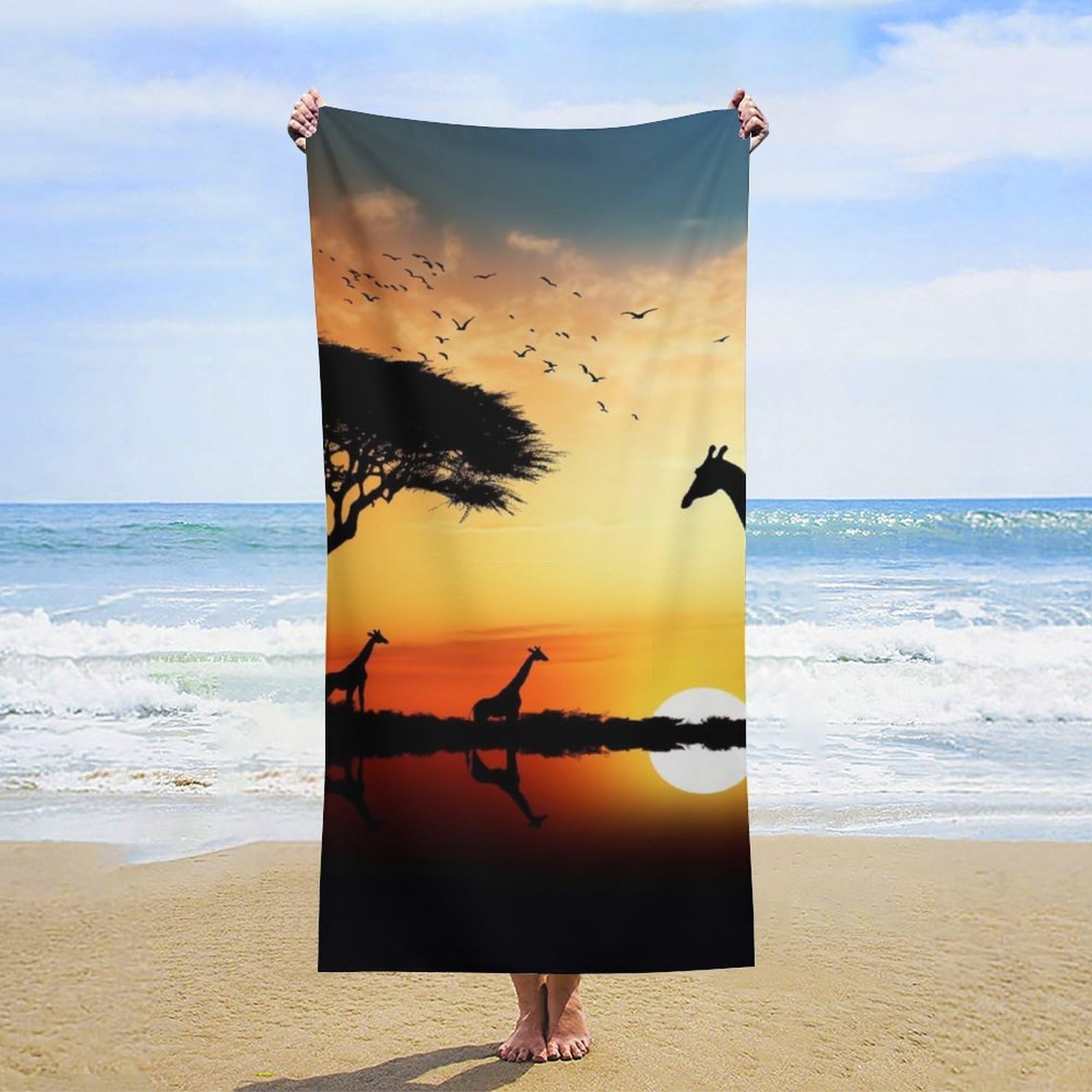 NTVOWPZO Giraffe Sunset Beach Towel Oversized Microfiber Bath Towels Lightweight Sand Proof Beach Towels Absorbent Pool Towels for Swimming Yoga Bathroom Towel 31.5" X 63"