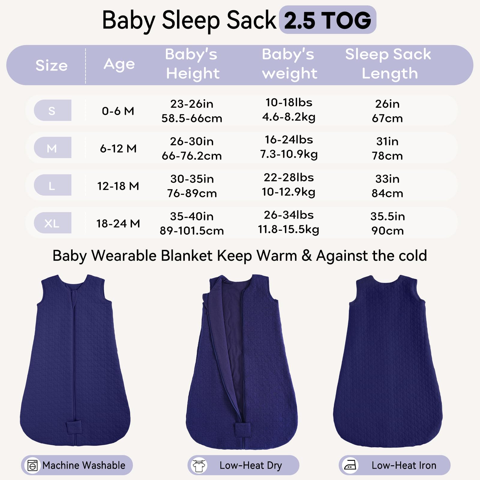 Unnivoll Sacco Nanna Invernale 6-12 Mesi - Sacco Nanna Neonato 2,5 Tog per Bambini, Tessuto 100% Cotone, Primavera Estate Inverno Autunno Blu Navy