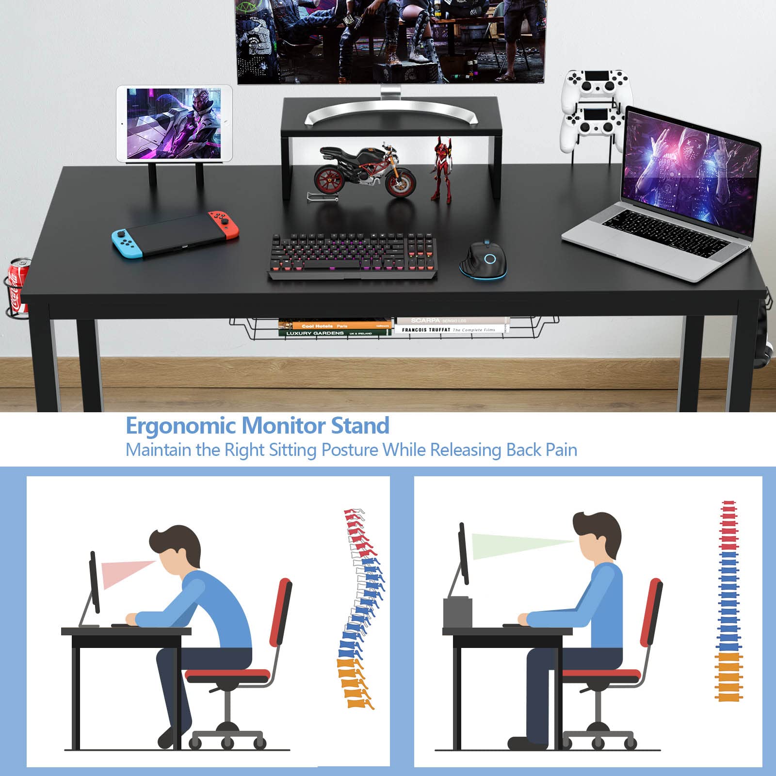 LIFEZEAL Scrivania Computer Gaming, con Supporto di Monitor, Cuffie, Tablet, Portabicchiere, Mensola, Tavolo per Gamer, Studio, Gioco, Postazione di Lavoro, Legno+Metallo, Max 60kg, 140x60x74cm