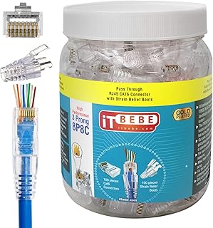 ITBEBE 100/100 RJ45 Cat6 Pass Through Connectors for 24 AWG Cables - 100 Cat6 Passthrough Connector Ends and 100 RJ45 Connectors Clear Strain Relief Boots for Clean, snag-Free Ethernet Patch Cord