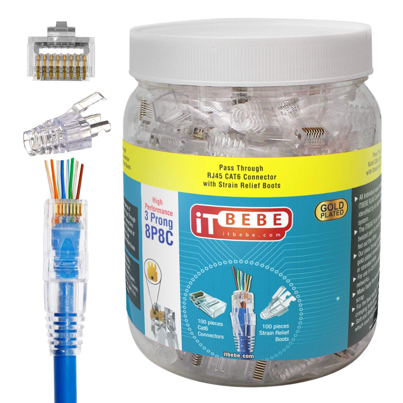 ITBEBE 100/100 RJ45 Cat6 Pass Through Connectors for 24 AWG Cables - 100 Cat6 Passthrough Connector Ends and 100 RJ45 Connectors Clear Strain Relief Boots for Clean, snag-Free Ethernet Patch Cord