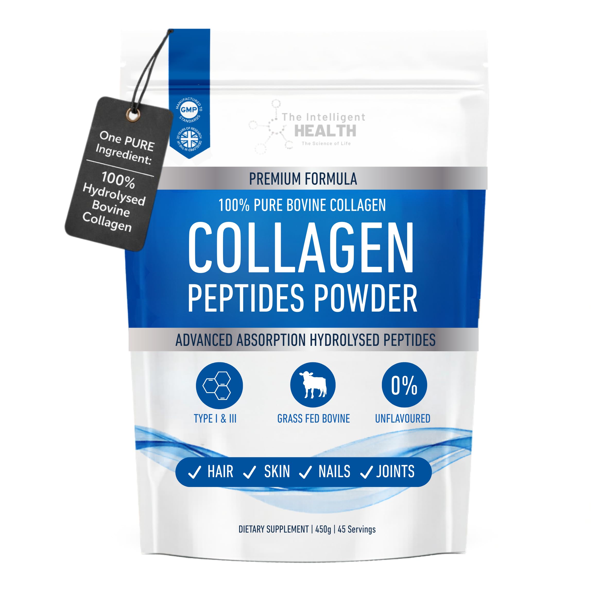 Collagen Powder, Hydrolysed Bovine Peptides, Grass Fed, Unflavoured, 450g