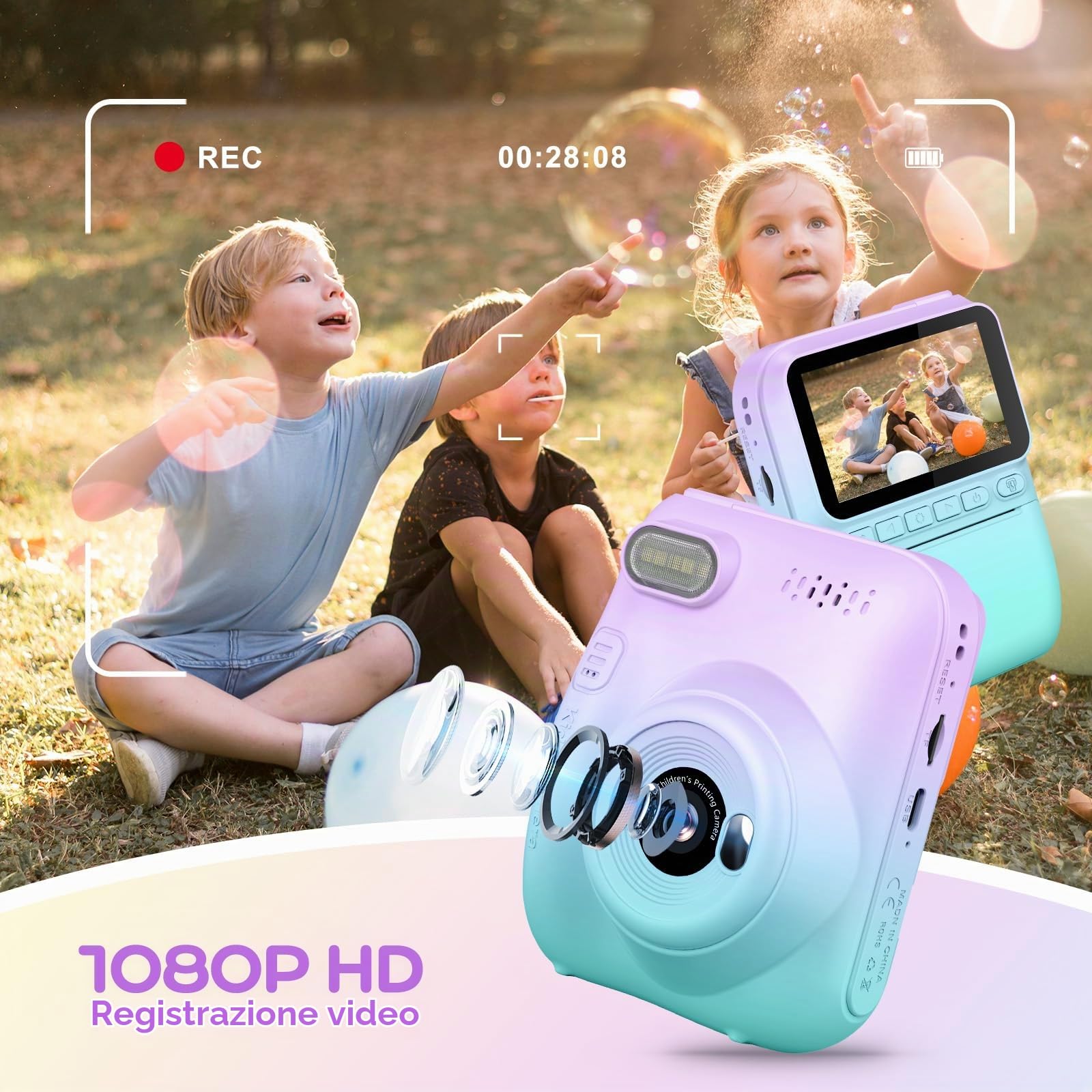 GREENKINDER Macchina Fotografica Bambini Istantanea, 3,0 Pollici 14MP Fotocamera Istantanea Bambini con 32GB Scheda, 1080P Fotocamera Digital per Bambini, Giocattolo Regalo per Bambino da 3-12 Anni