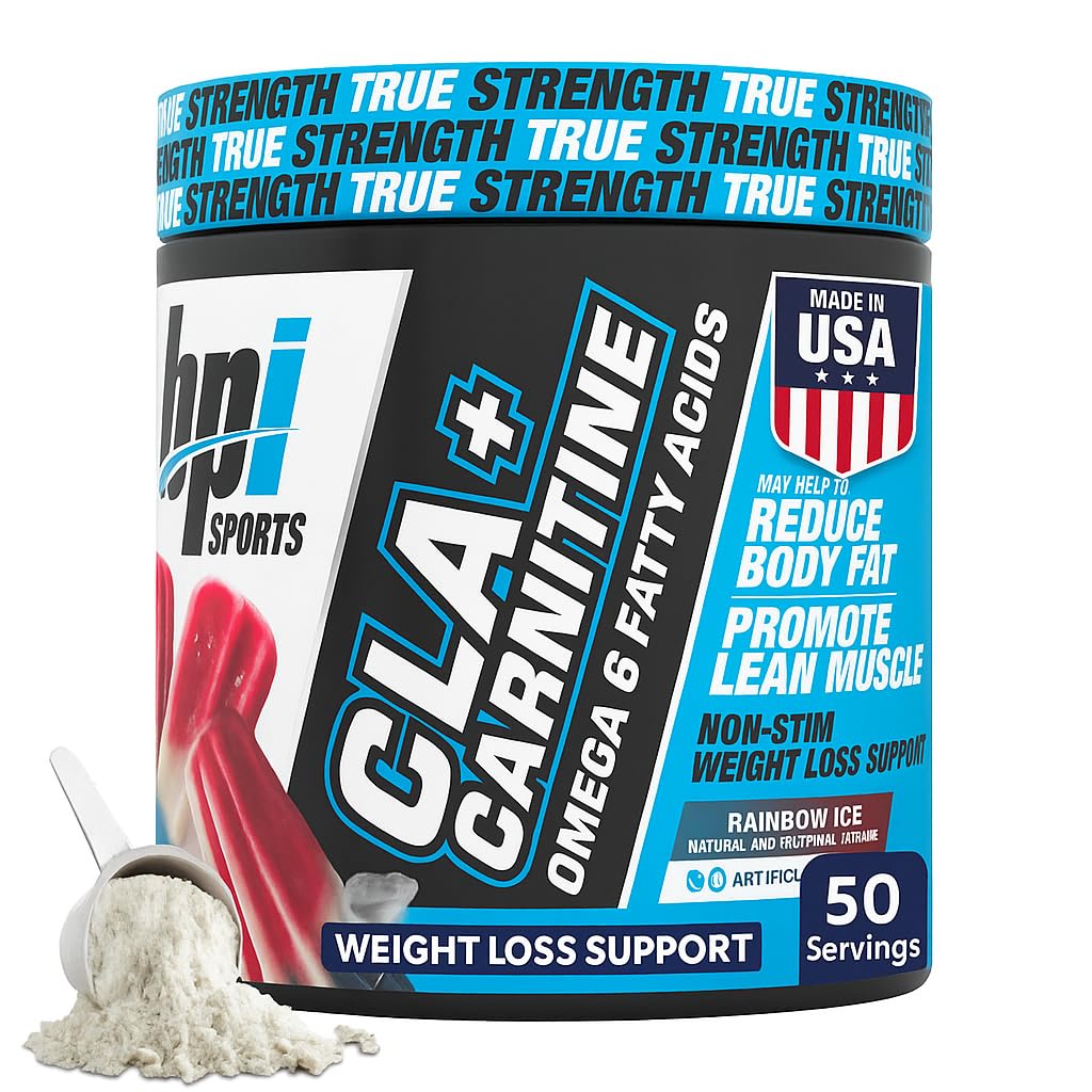 BPI SportsCLA+Carnitine – CLA L Carnitine & Linoleic Acid – L Carnitine Supplement for Weight Loss, Metabolism & Lean Muscle – Caffeine Free – Rainbow Ice – 50 Servings – 12.34 oz