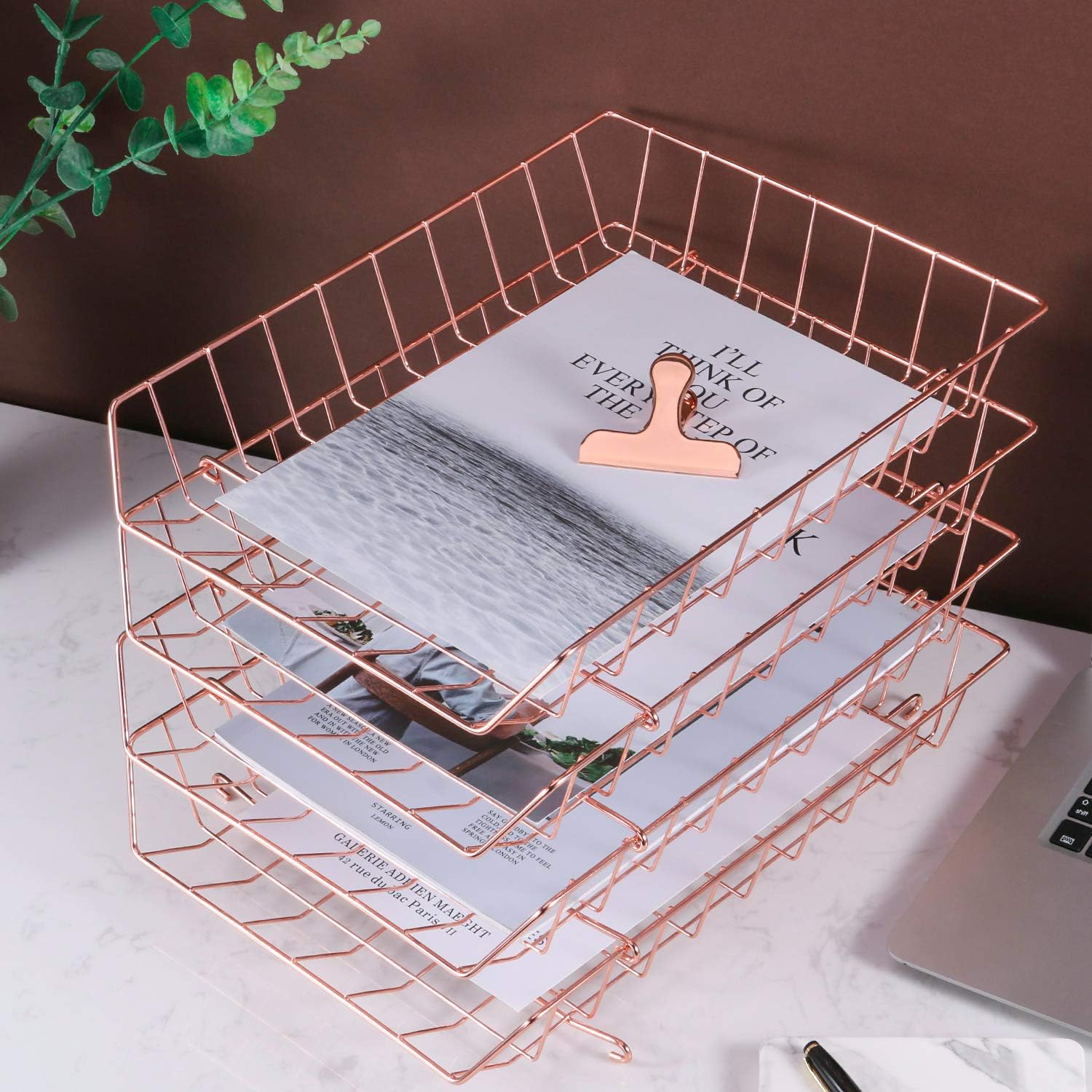 Z PLINRISE Stackable Letter Tray, 4-Tier Desk File Organizer for Mails, Magazines, Documents and Accessories, Wire Paper Tray for Home, School and Office, Rose Gold