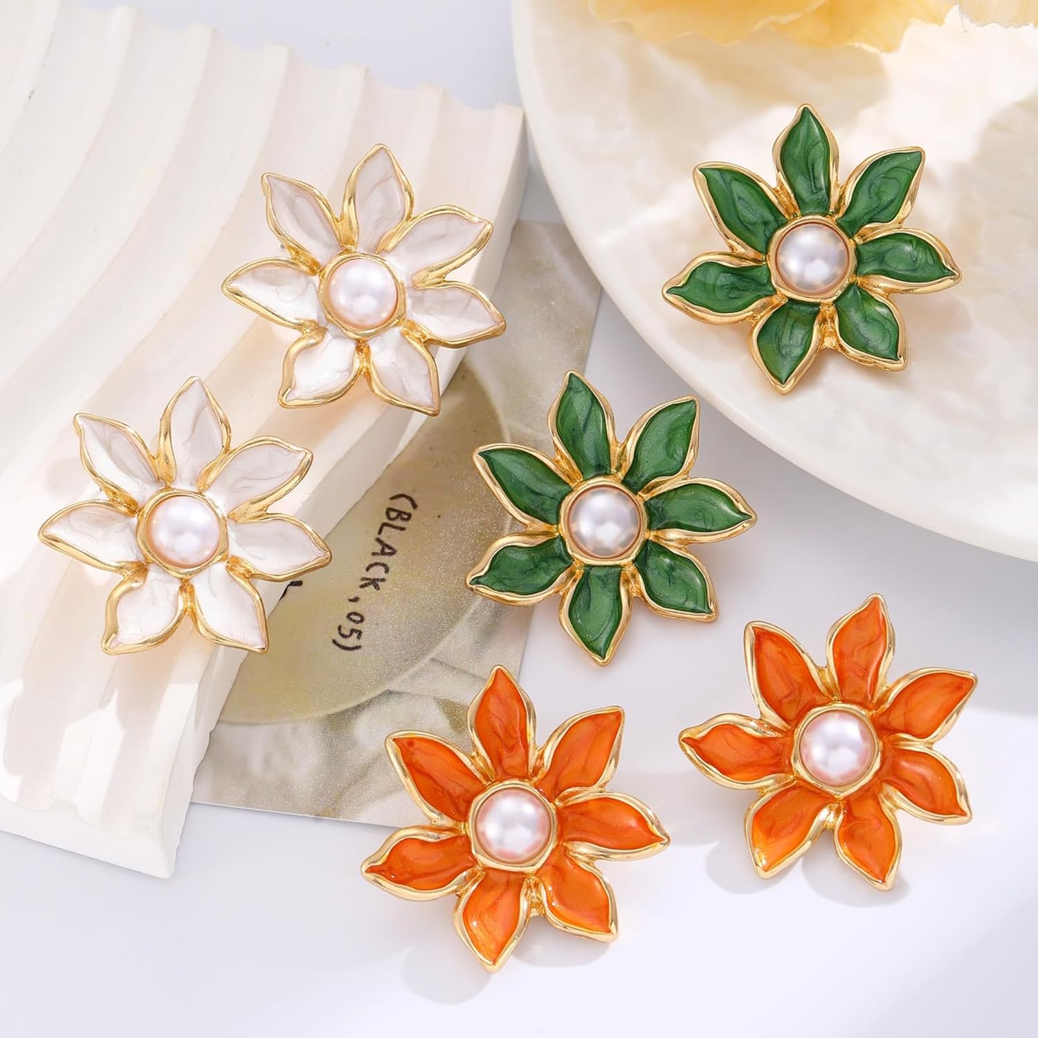 Pearl Flowers Earrings for Women,Vintage Colorful Dripping Oil Flower Earring Statement Embedded Pearl Flowers Earrings Summer Simplicity Jewelry - Image 4