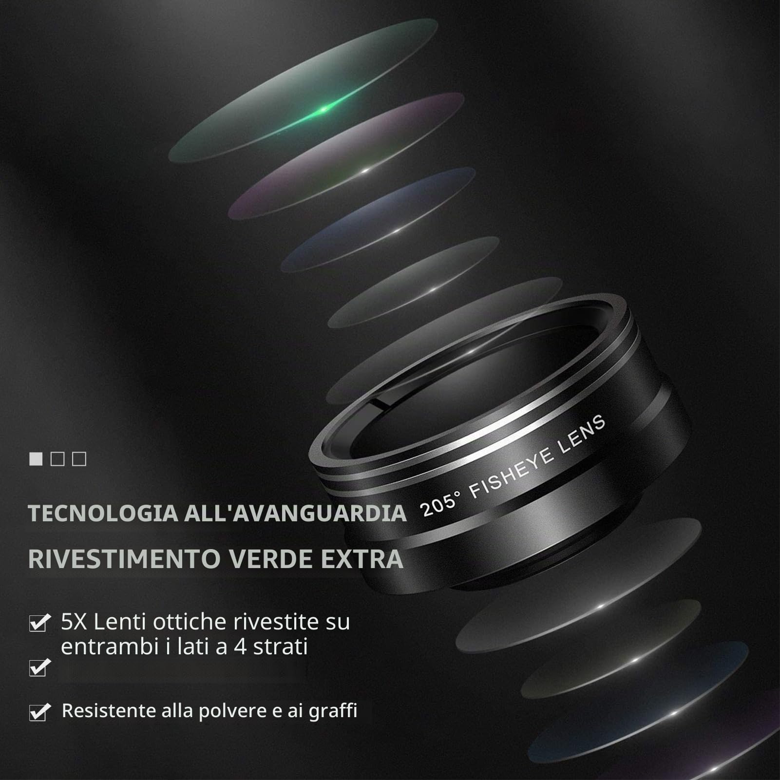 Set di obiettivi 4 in 1 con teleobiettivo 22X, obiettivo Fisheye 205°, obiettivo grandangolare 4K 0,67X, obiettivo macro 25x, clip per obiettivo, labbro del telefono e treppiede per smartphone