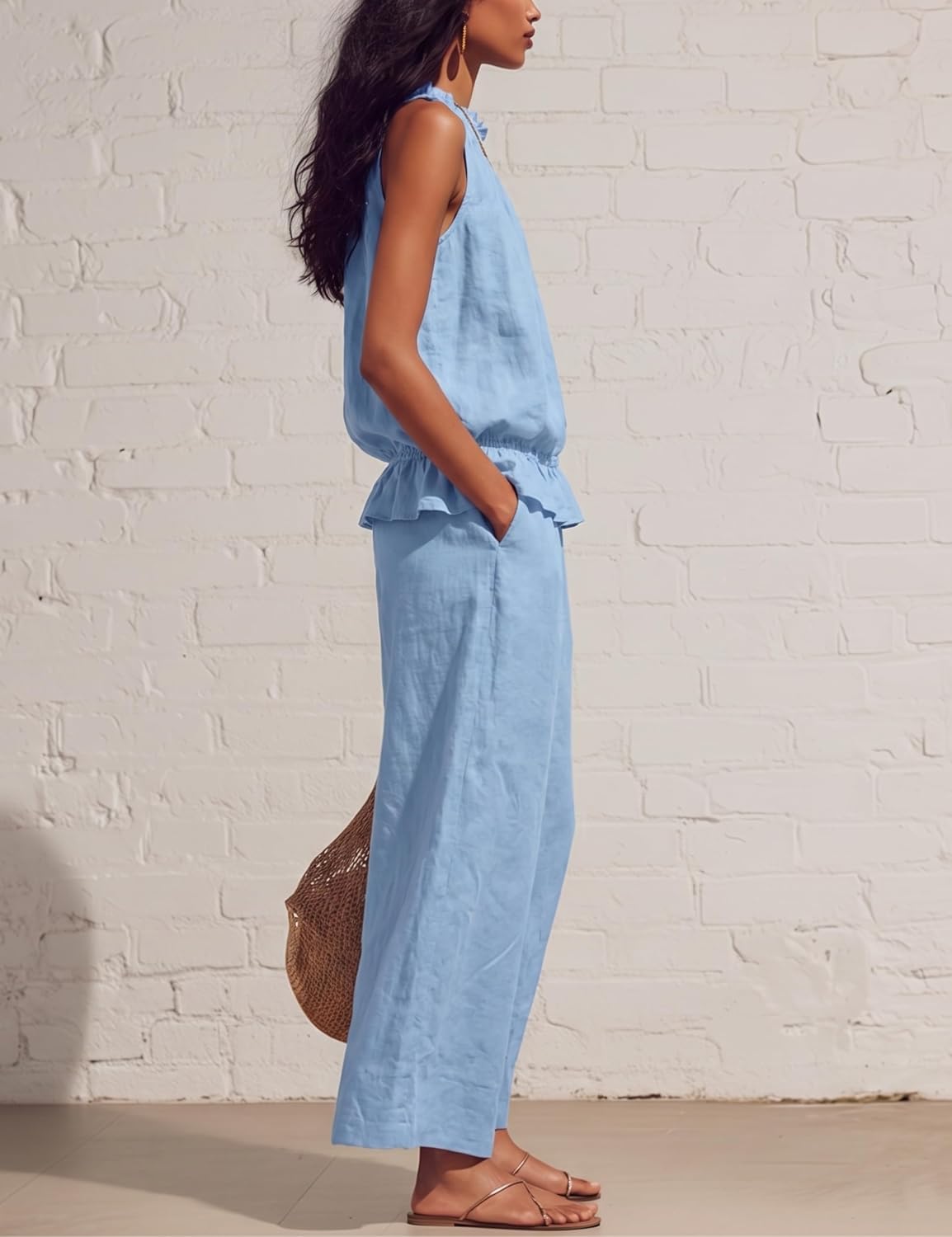  Women's Linen 2 Piece Outfits Sleeveless Ruffle Top Wide Leg Pants Summer Loungewear Beach Travel Sets thumbnail