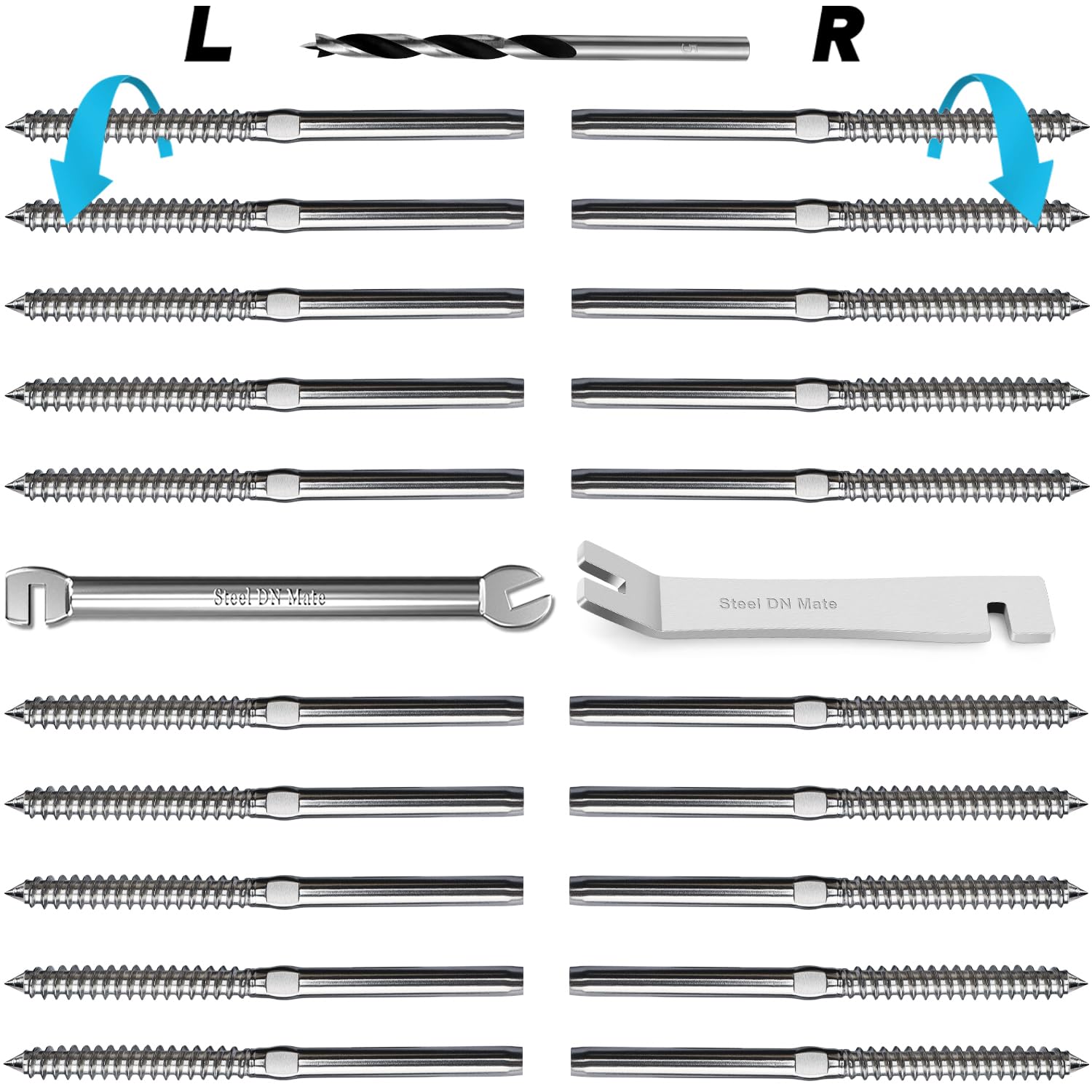 Steel DN Mate 20 Packs T316 Stainless Steel Right&Left Handed Thread Swage Lag Screws for Wood Post of 1/8" Steel Cable Railing Kit, Cable Railing Hardware, DIY Wood Baluster, Wrench Included