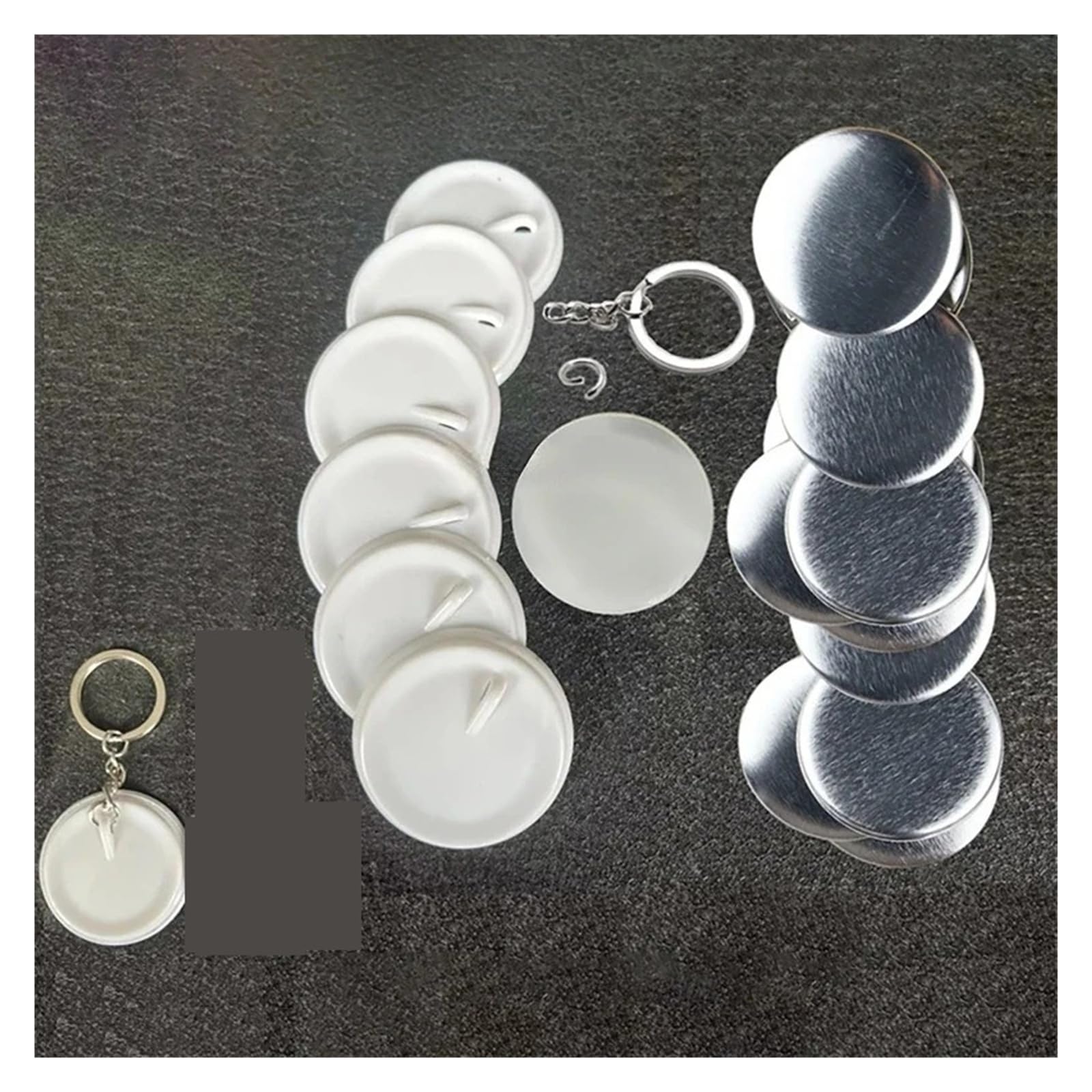 100 szt. pustych plastikowych/metalowych guzików do wyrobu 44 mm i 58 części samodzielnego wykonania breloczków kluczy Różnego przeznaczenia