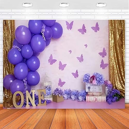 Miniatura 3 de Telón de fondo morado, globo morado, mariposa, flores de papel para niñas y niños, telón de fondo para fiesta de primer cumpleaños, cortina dorada,