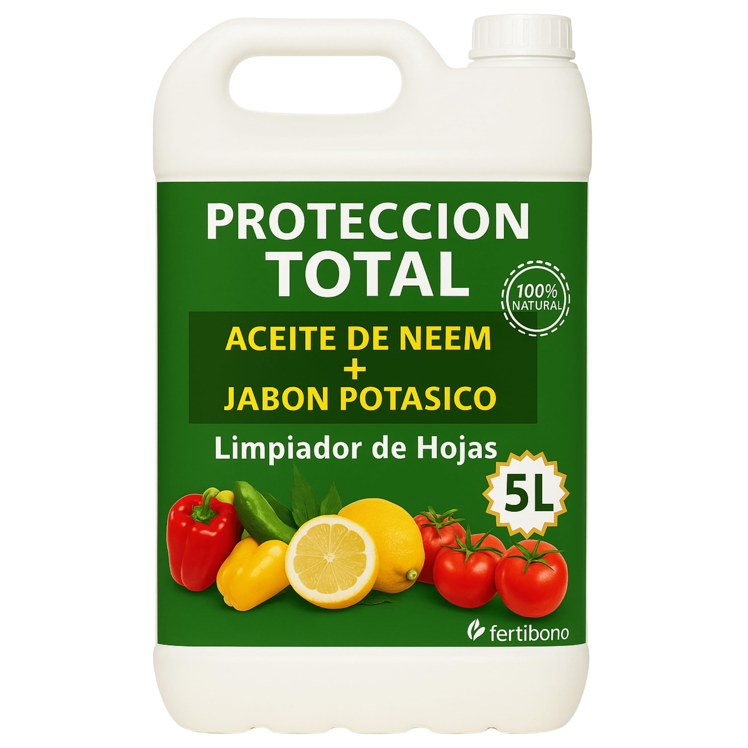 FERTIBONO PROTECCION TOTAL Jabón Potásico y Aceite de Neem – Cuidado Natural 100% para Plantas | 5L | Fortalece, Limpia y Equilibra | Ideal para Huertos y Jardines Ecológicos