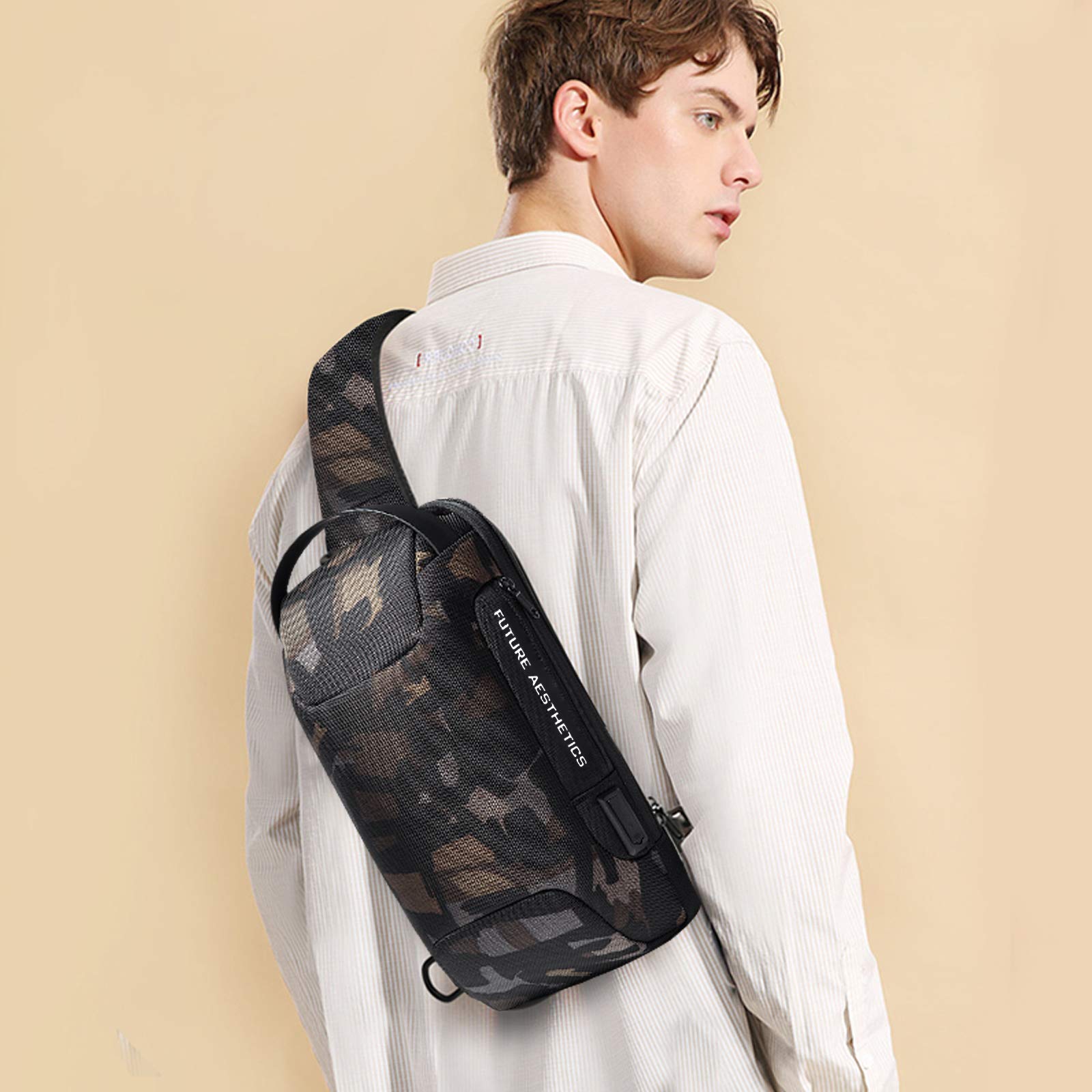 FANDARE Sac de Poitrine Sling Crossbody Bag avec USB Homme Femme Affaires Sacoche Grande Sac d'Epaule Garçon Sacoche de Ceinture Sac Bandoulière pour Voyage Randonnée Cyclisme Jogging Durable