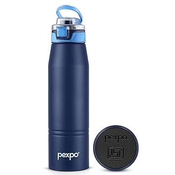 PEXPO Atlas 1000 ISI Certified Stainless Steel Vacuum Insulated Flask - 940ml | Double Wall | Flip Top Cap | Hot & Cold Water Bottle for Adults | Ideal for Home, Office, Gym, Outdoor - Denim Blue - image, photos