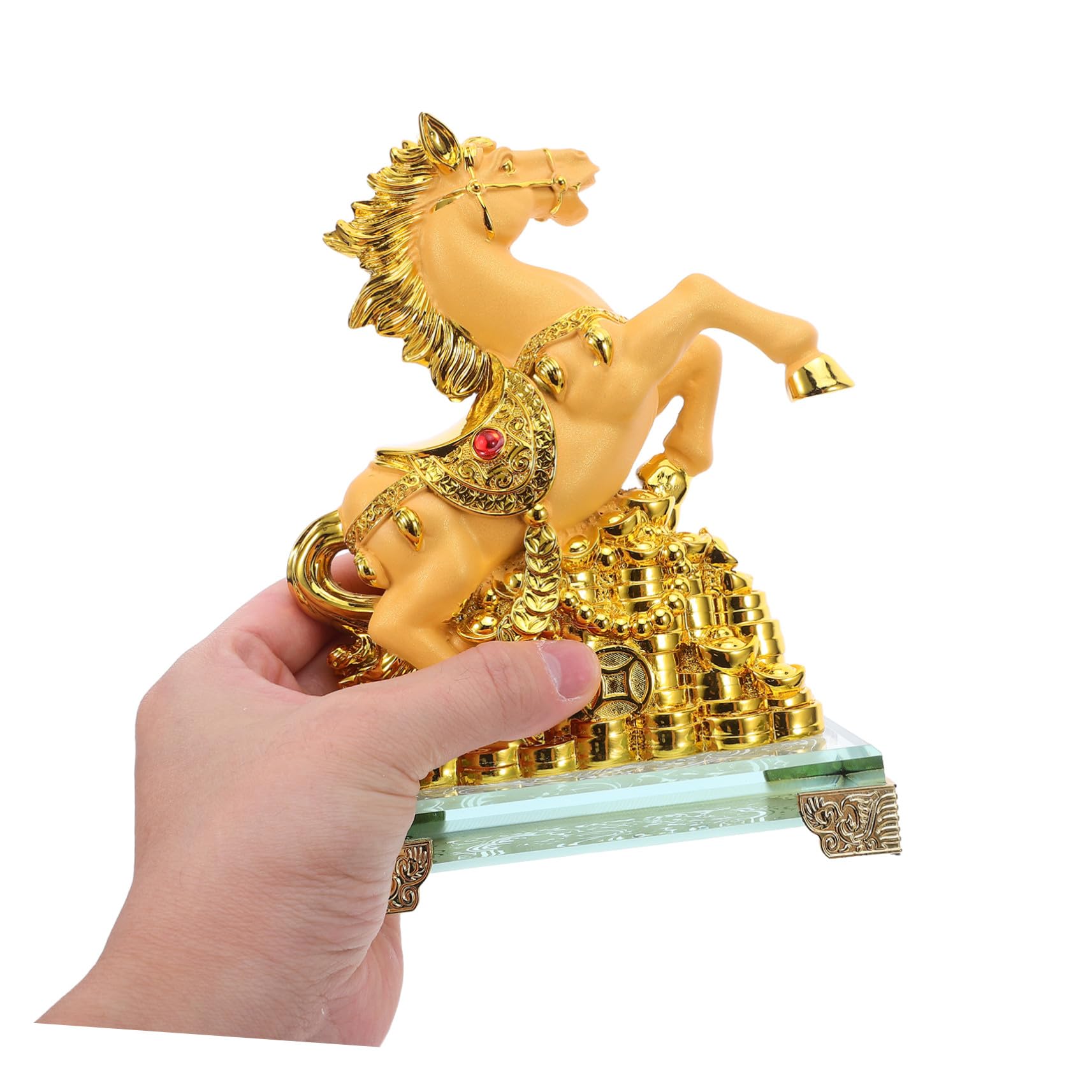 Złota Rzeźba Konia z Żywicy Stojąca Figurka Biurko i Półkę Dekoracja Do Salonu i Biura Kolekcjonerski Ornament Chińskiego Zodiaku